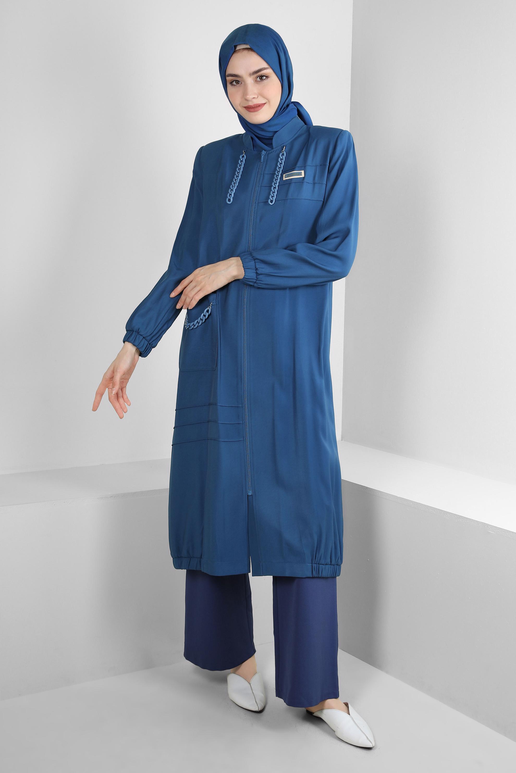 Tesettür giyim LACİVERT ZİNCİR DETAYLI FERMUARLI TRENÇKOT 10717 