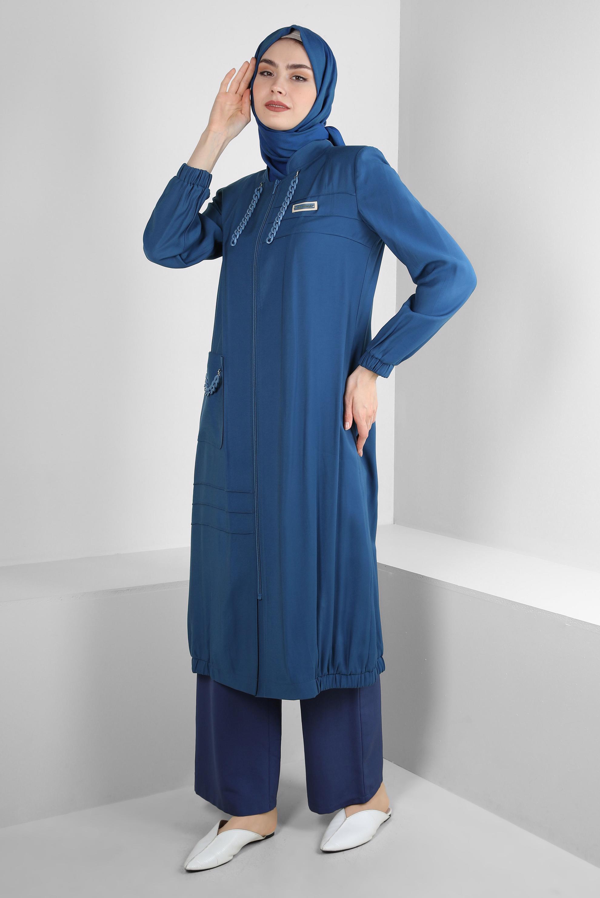 Tesettür giyim LACİVERT ZİNCİR DETAYLI FERMUARLI TRENÇKOT 10717 