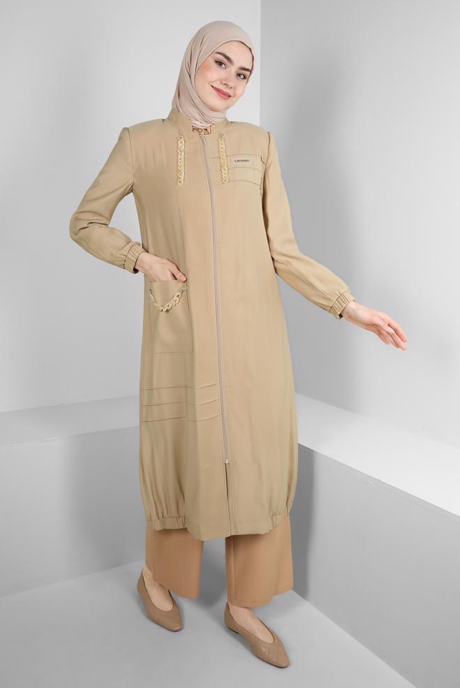 Tesettür giyim  ZİNCİR DETAYLI FERMUARLI TRENÇKOT 10717  - ALVİNA