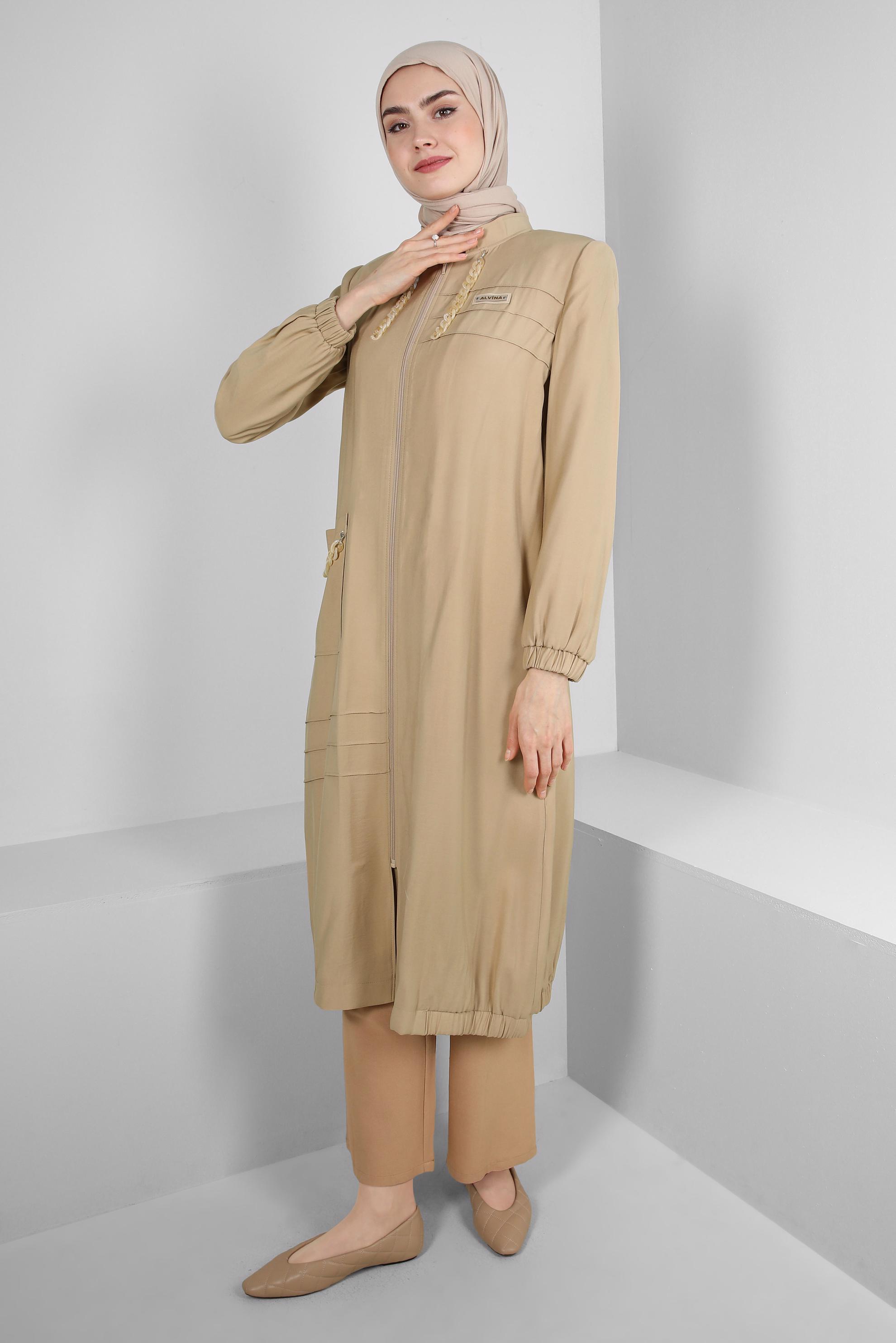 Tesettür giyim KAHVE ZİNCİR DETAYLI FERMUARLI TRENÇKOT 10717 