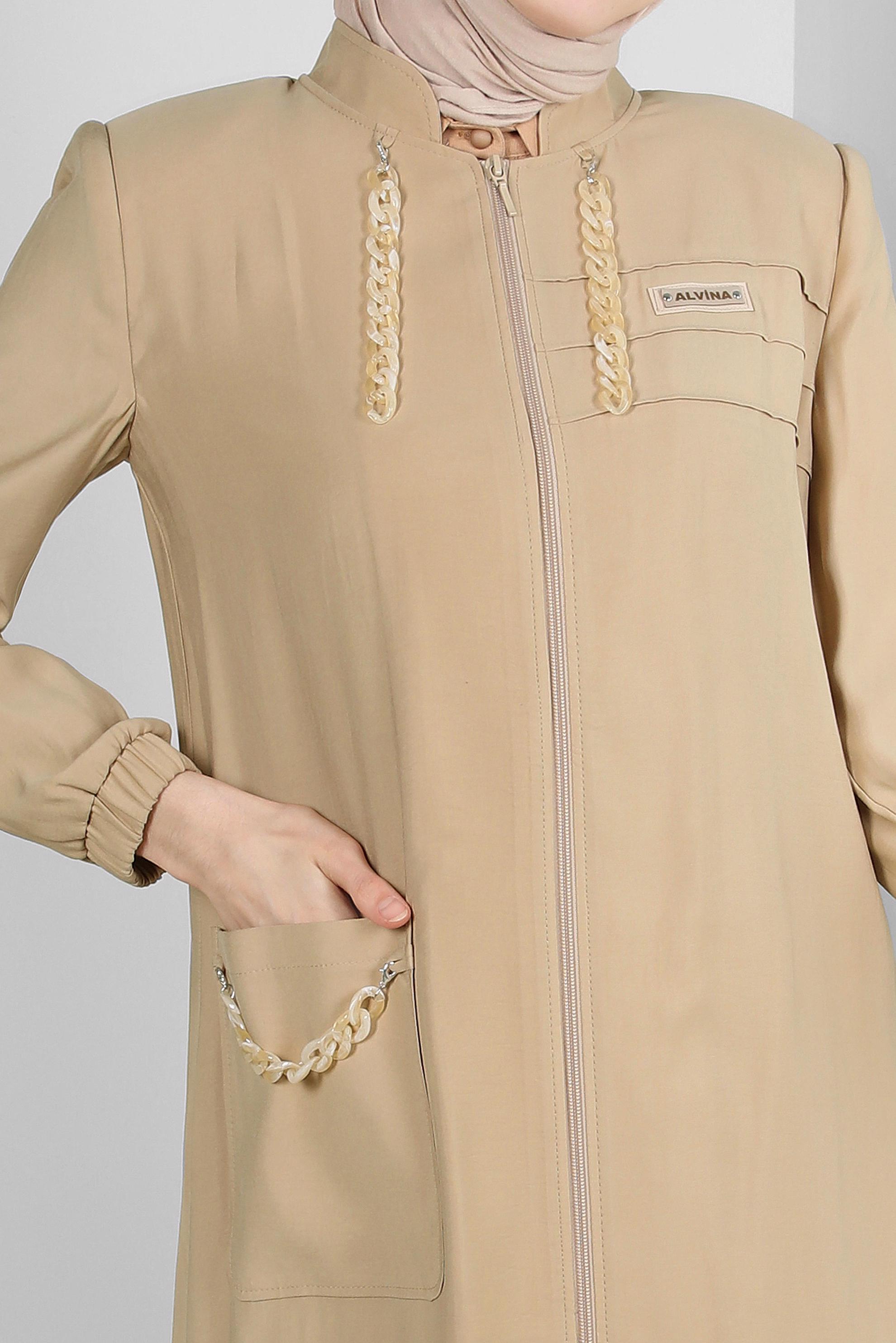 Tesettür giyim KAHVE ZİNCİR DETAYLI FERMUARLI TRENÇKOT 10717 