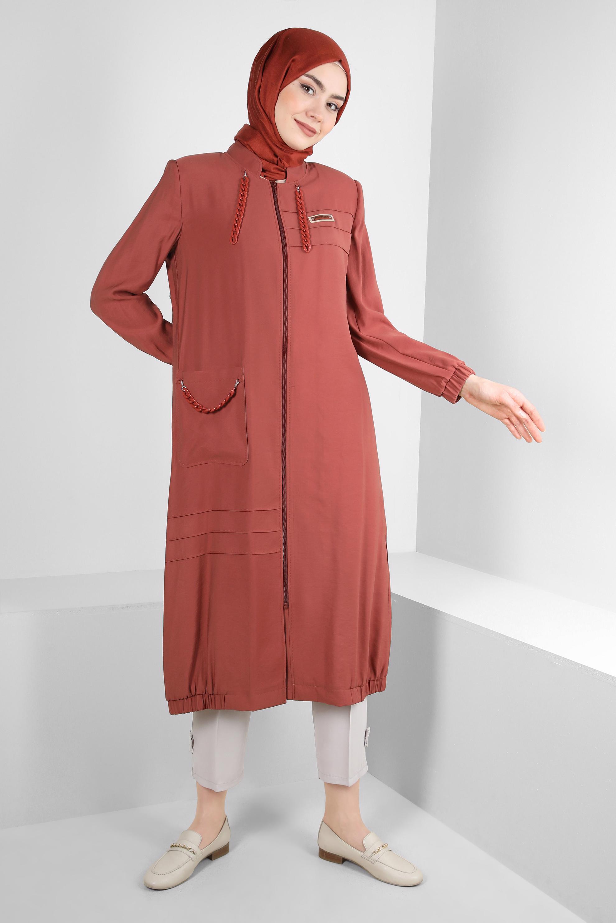 Tesettür giyim KAHVE ZİNCİR DETAYLI FERMUARLI TRENÇKOT 10717 