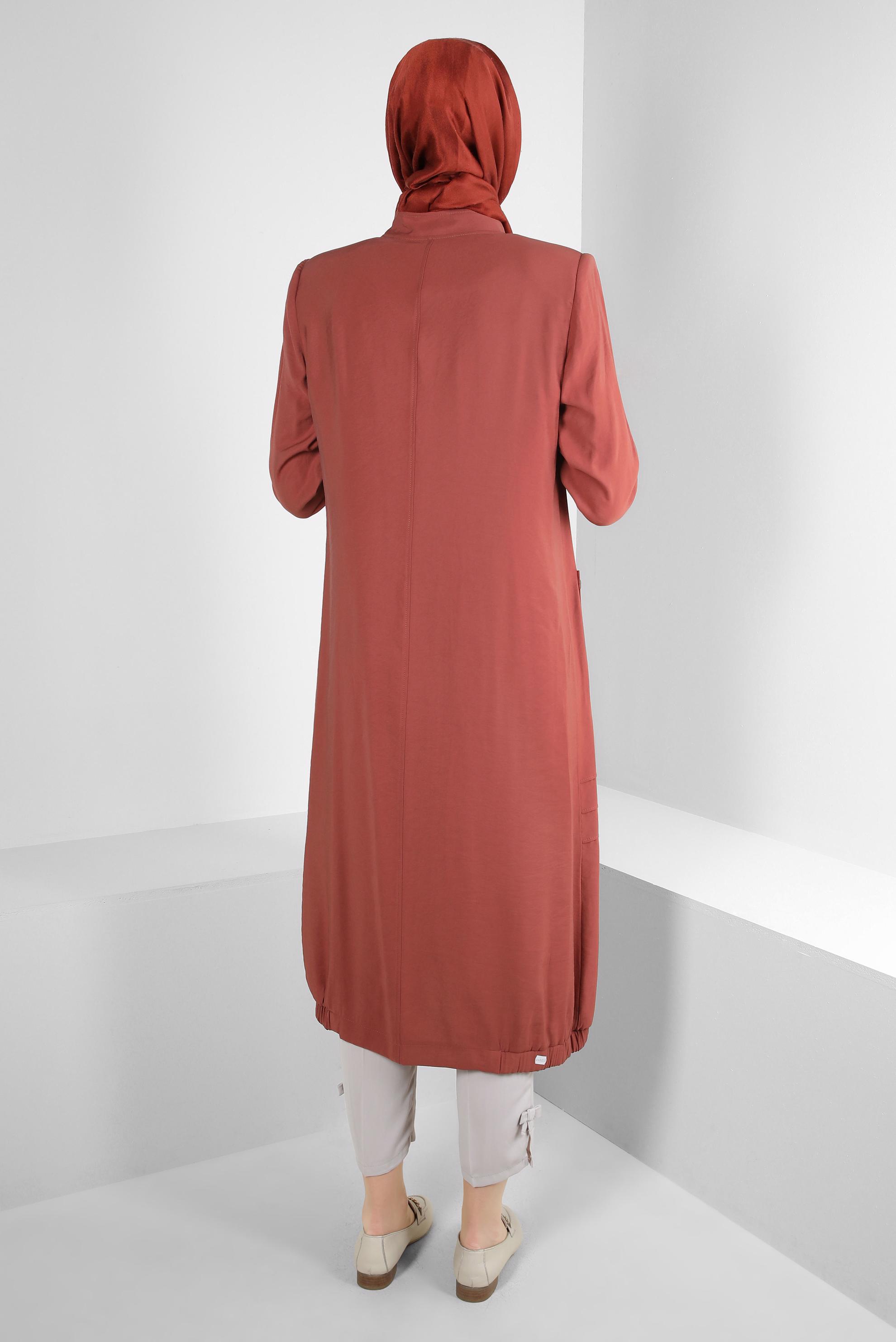 Tesettür giyim KAHVE ZİNCİR DETAYLI FERMUARLI TRENÇKOT 10717 