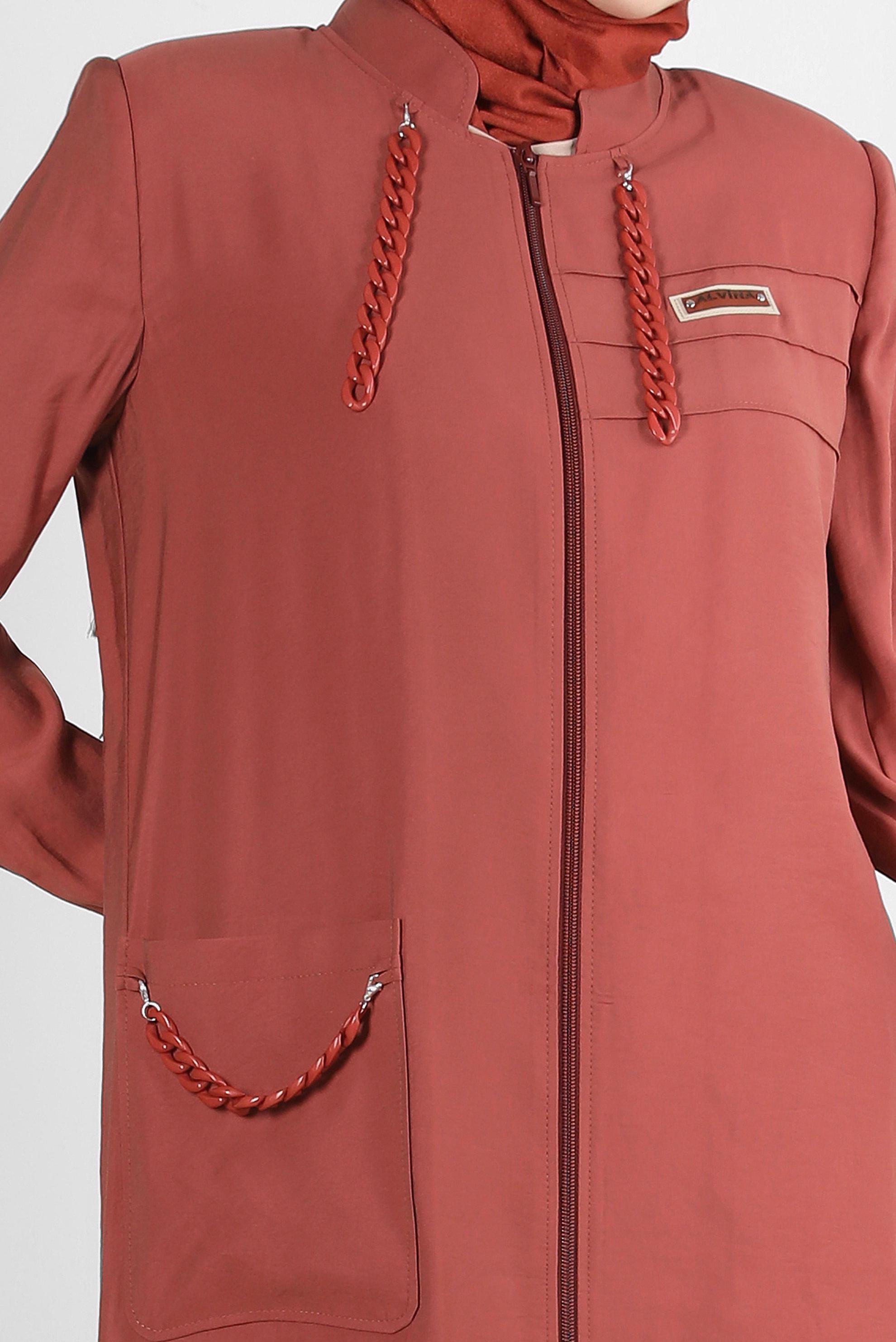 Tesettür giyim KAHVE ZİNCİR DETAYLI FERMUARLI TRENÇKOT 10717 