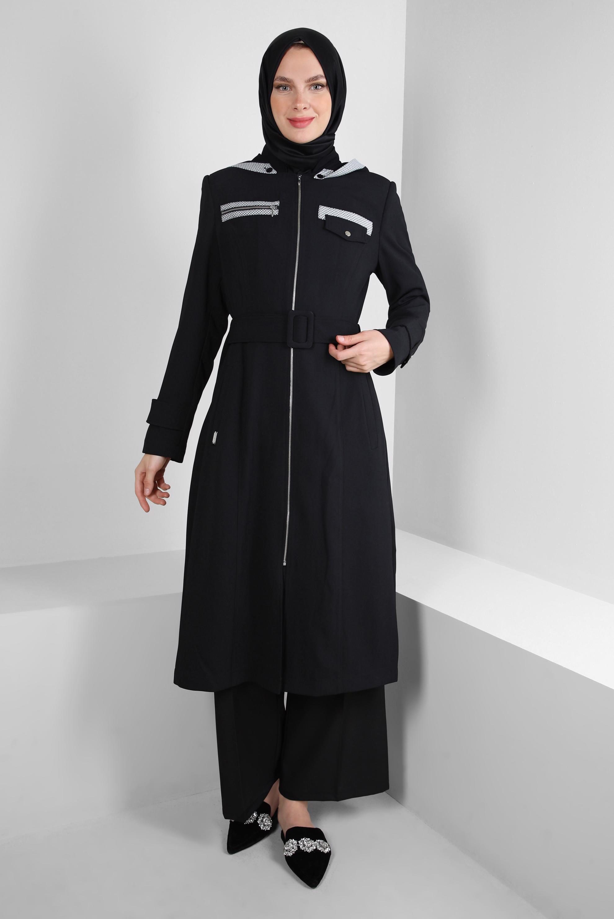 Vêtements hijab NOIR TRENCH-COAT CEINTURE AVEC CAPUCHE AMOVIBLE 10718