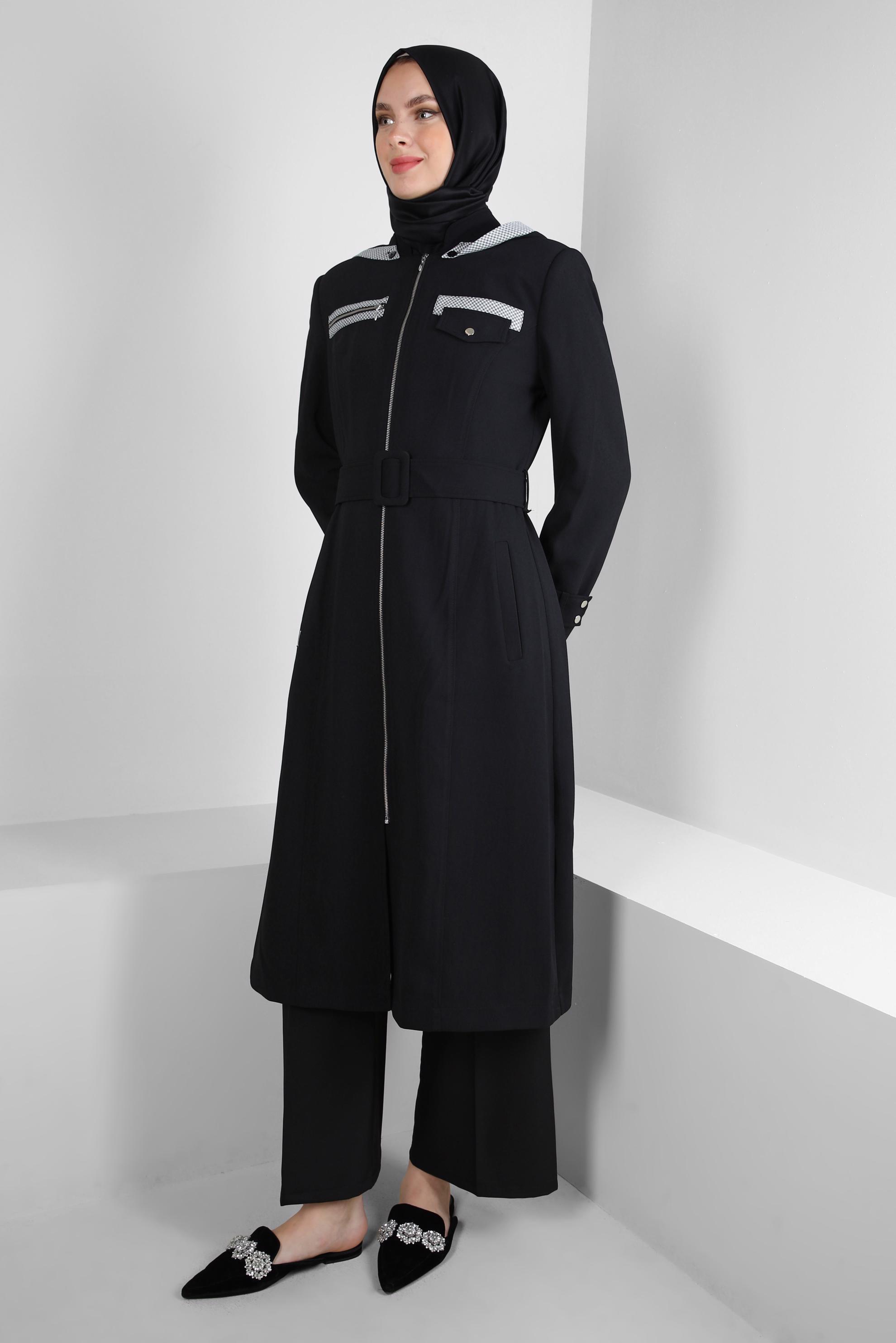 Vêtements hijab NOIR TRENCH-COAT CEINTURE AVEC CAPUCHE AMOVIBLE 10718