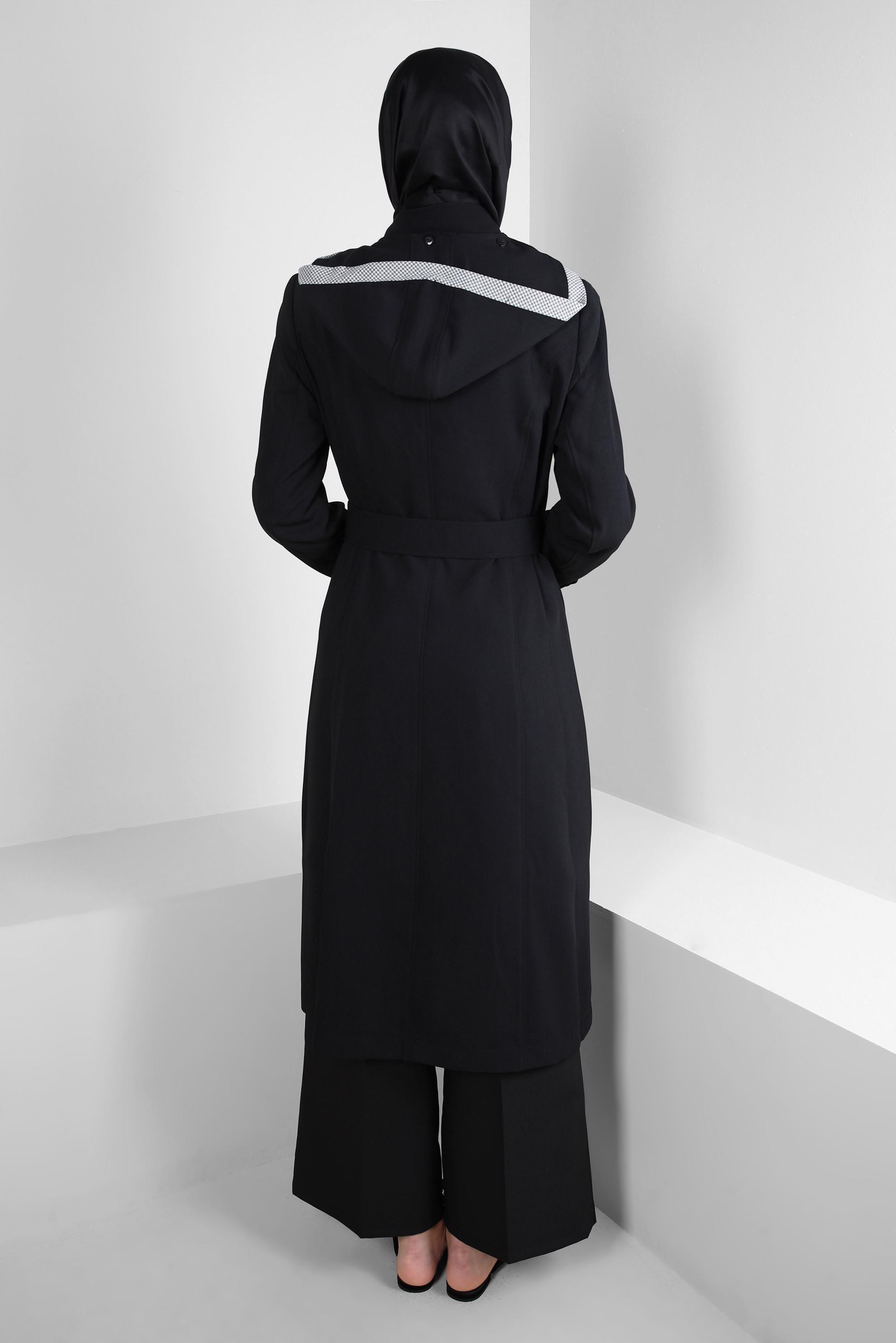 Vêtements hijab NOIR TRENCH-COAT CEINTURE AVEC CAPUCHE AMOVIBLE 10718