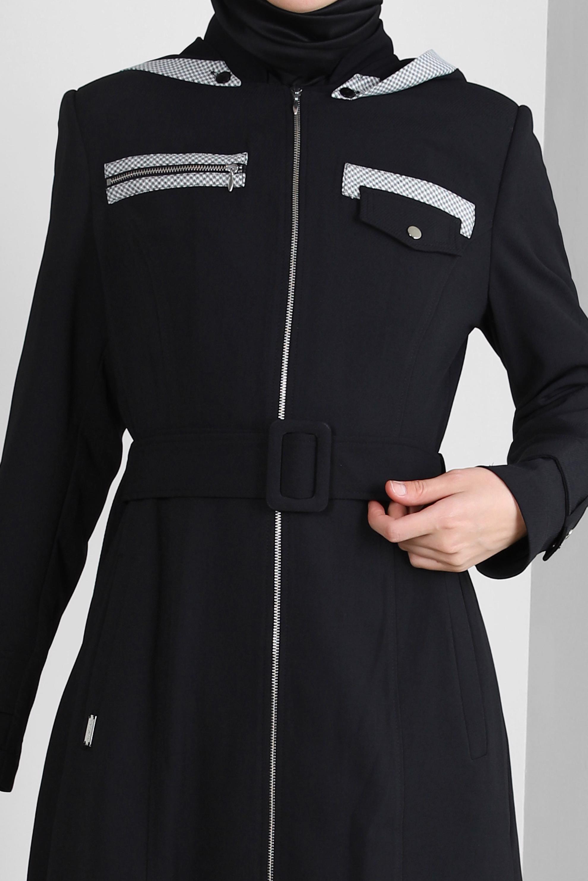 Vêtements hijab NOIR TRENCH-COAT CEINTURE AVEC CAPUCHE AMOVIBLE 10718