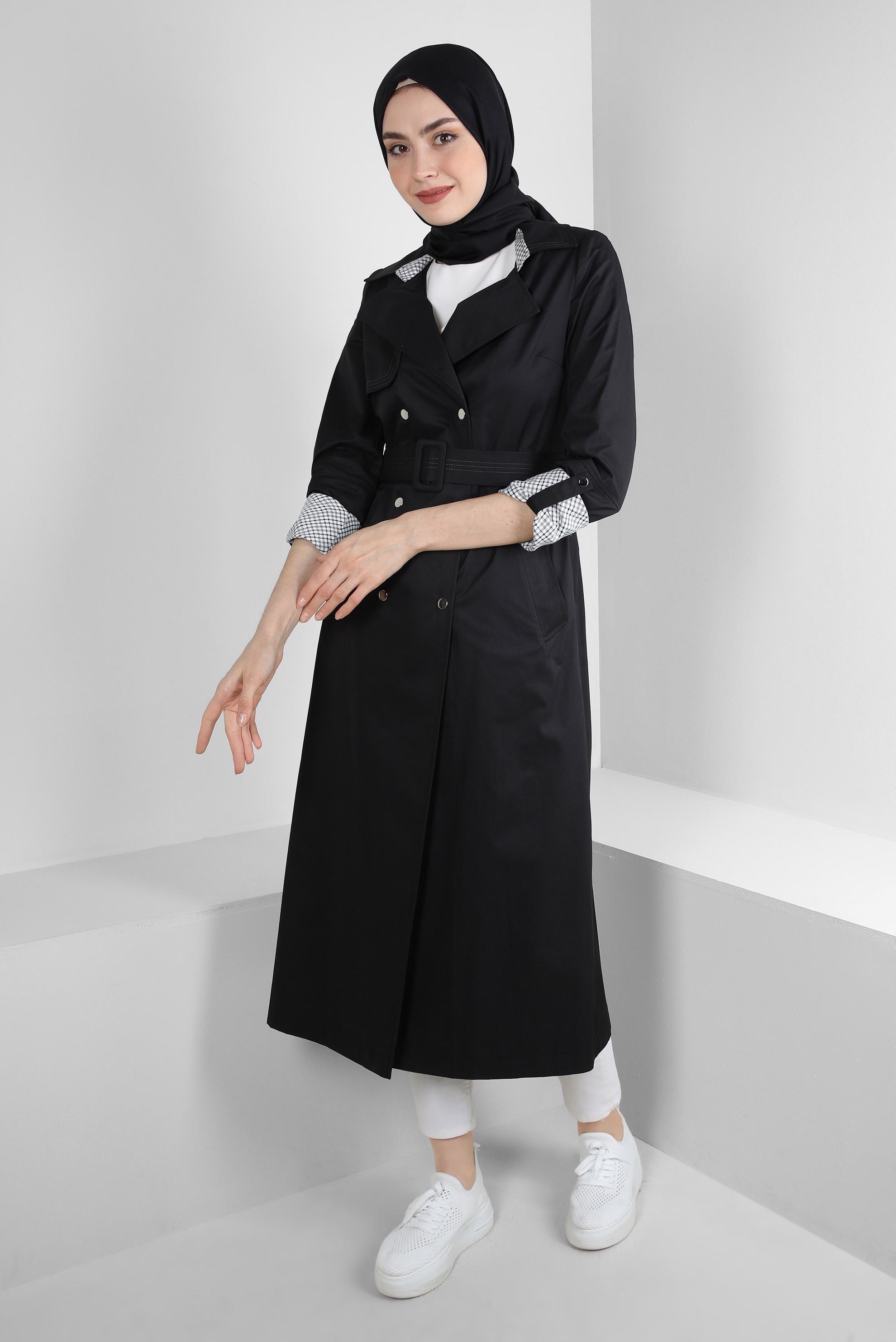 Tesettür giyim SİYAH EKOSE DETAYLI KEMERLİ ÇITÇITLI TRENÇKOT 10743