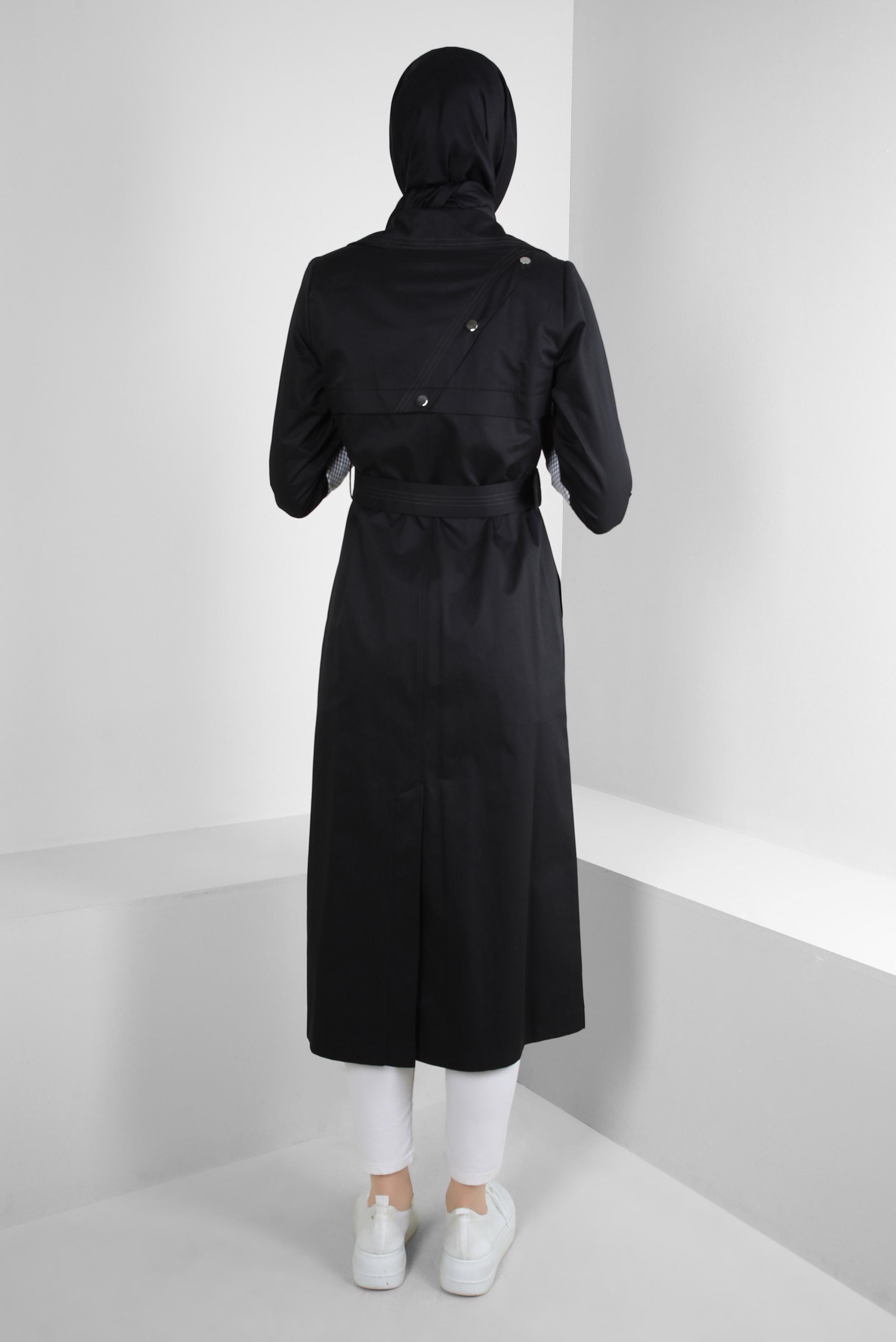 Tesettür giyim SİYAH EKOSE DETAYLI KEMERLİ ÇITÇITLI TRENÇKOT 10743