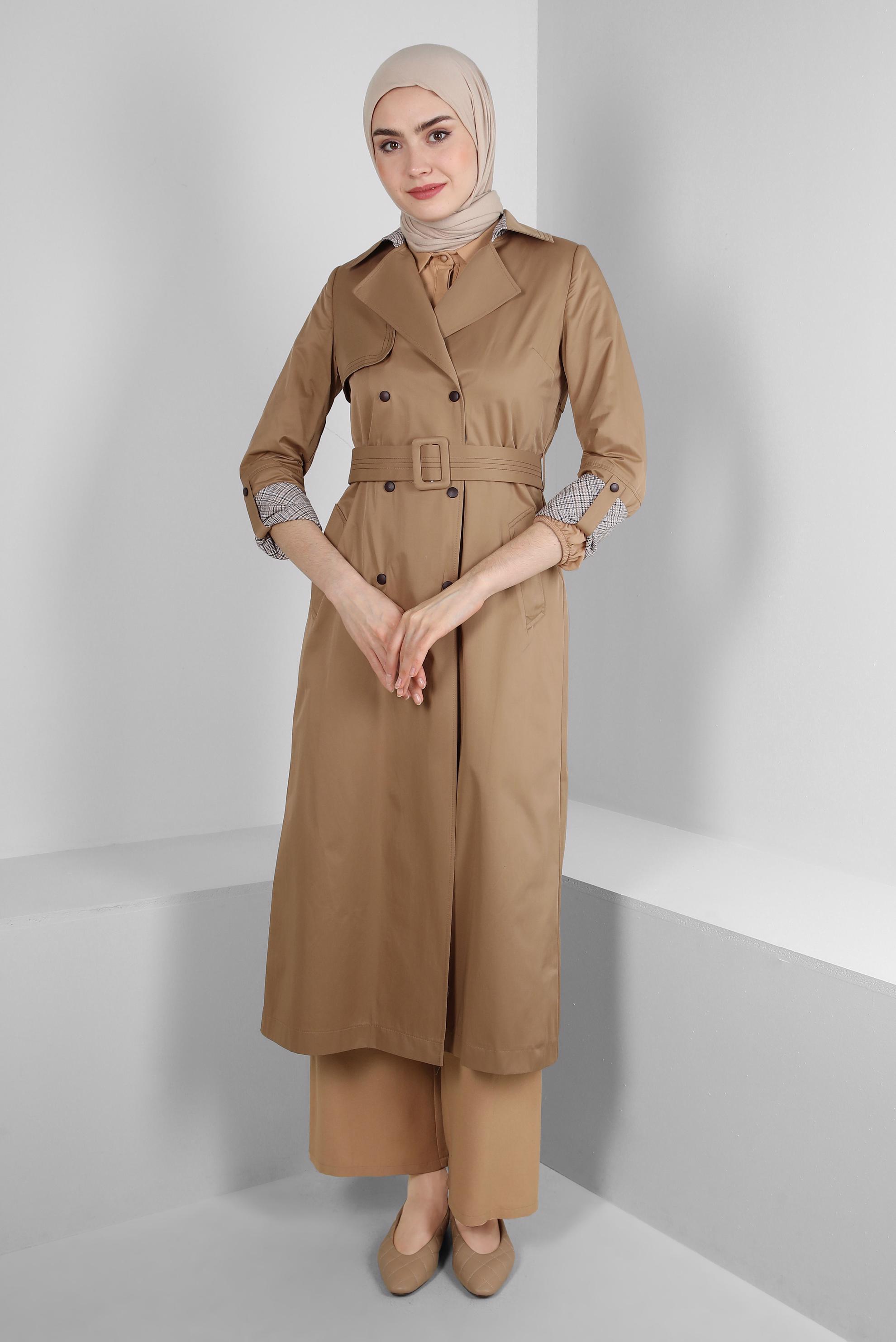 Tesettür giyim KAHVE EKOSE DETAYLI KEMERLİ ÇITÇITLI TRENÇKOT 10743