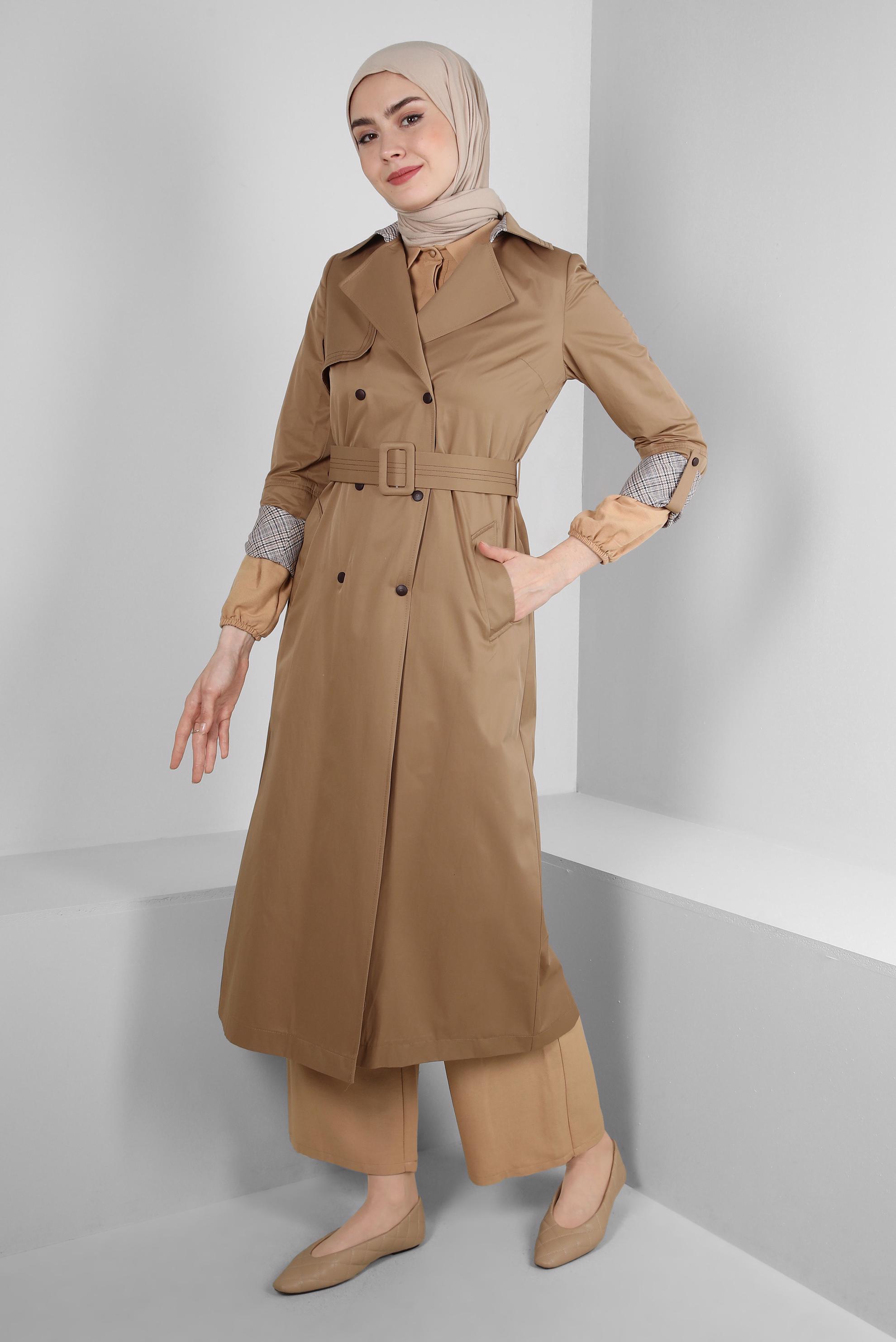 Tesettür giyim KAHVE EKOSE DETAYLI KEMERLİ ÇITÇITLI TRENÇKOT 10743