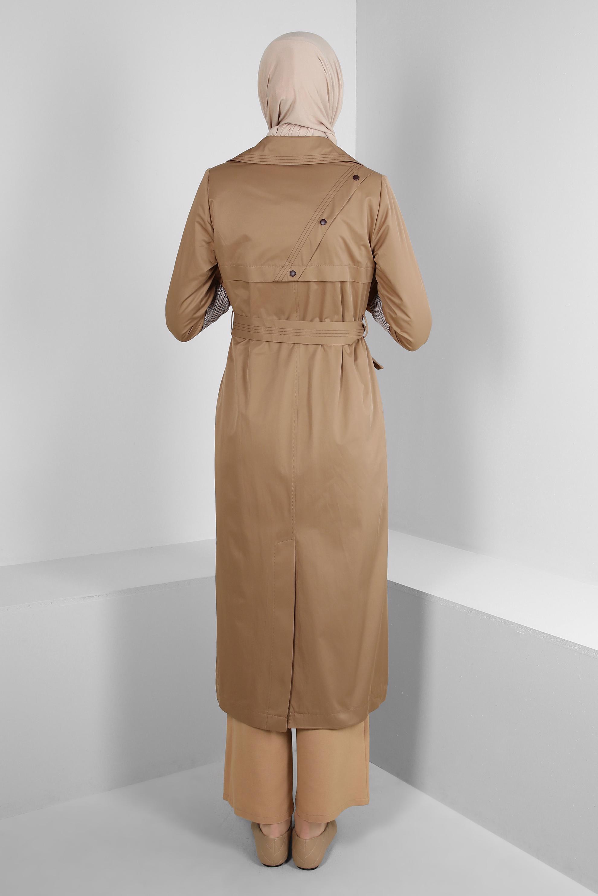 Tesettür giyim KAHVE EKOSE DETAYLI KEMERLİ ÇITÇITLI TRENÇKOT 10743