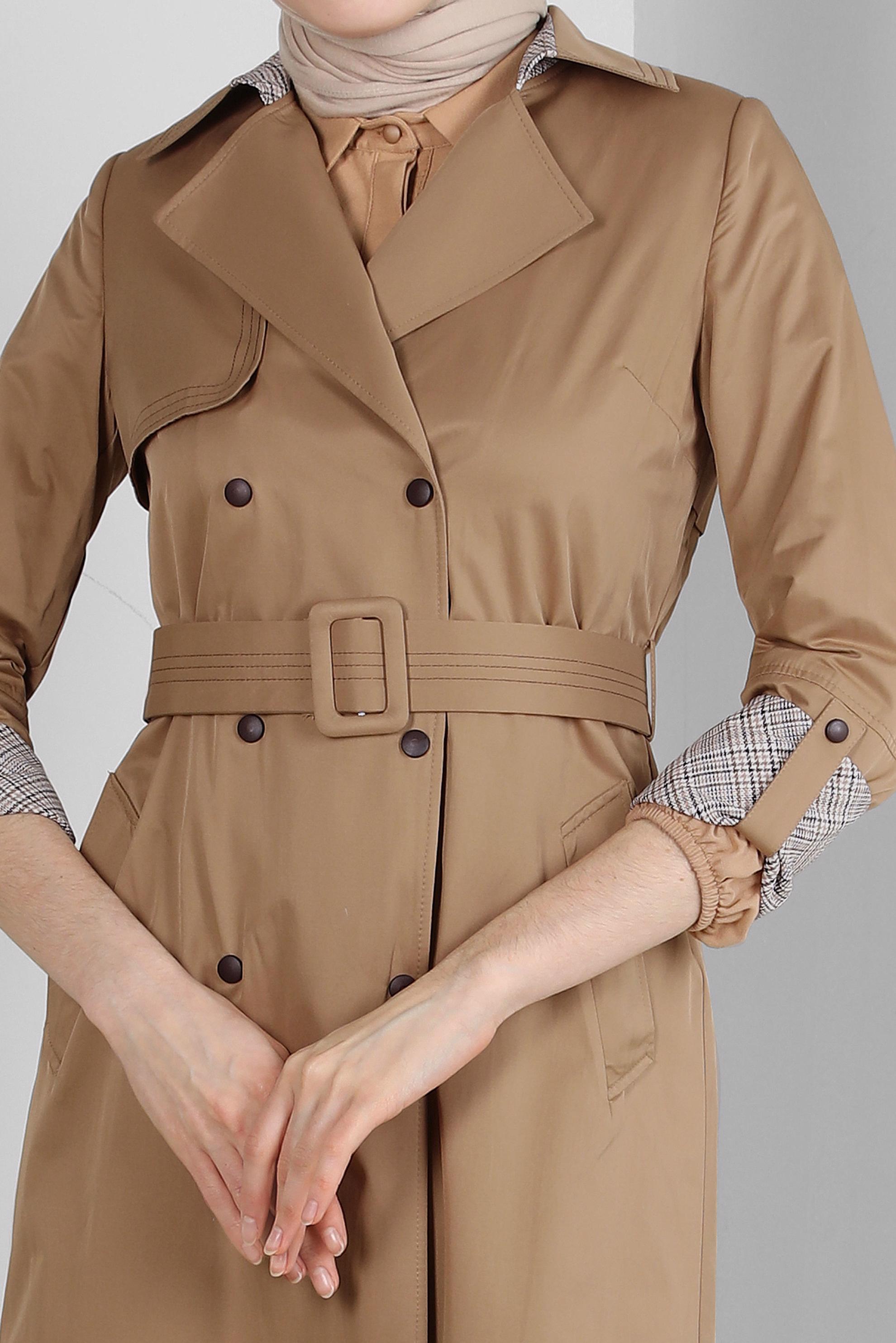 Tesettür giyim KAHVE EKOSE DETAYLI KEMERLİ ÇITÇITLI TRENÇKOT 10743