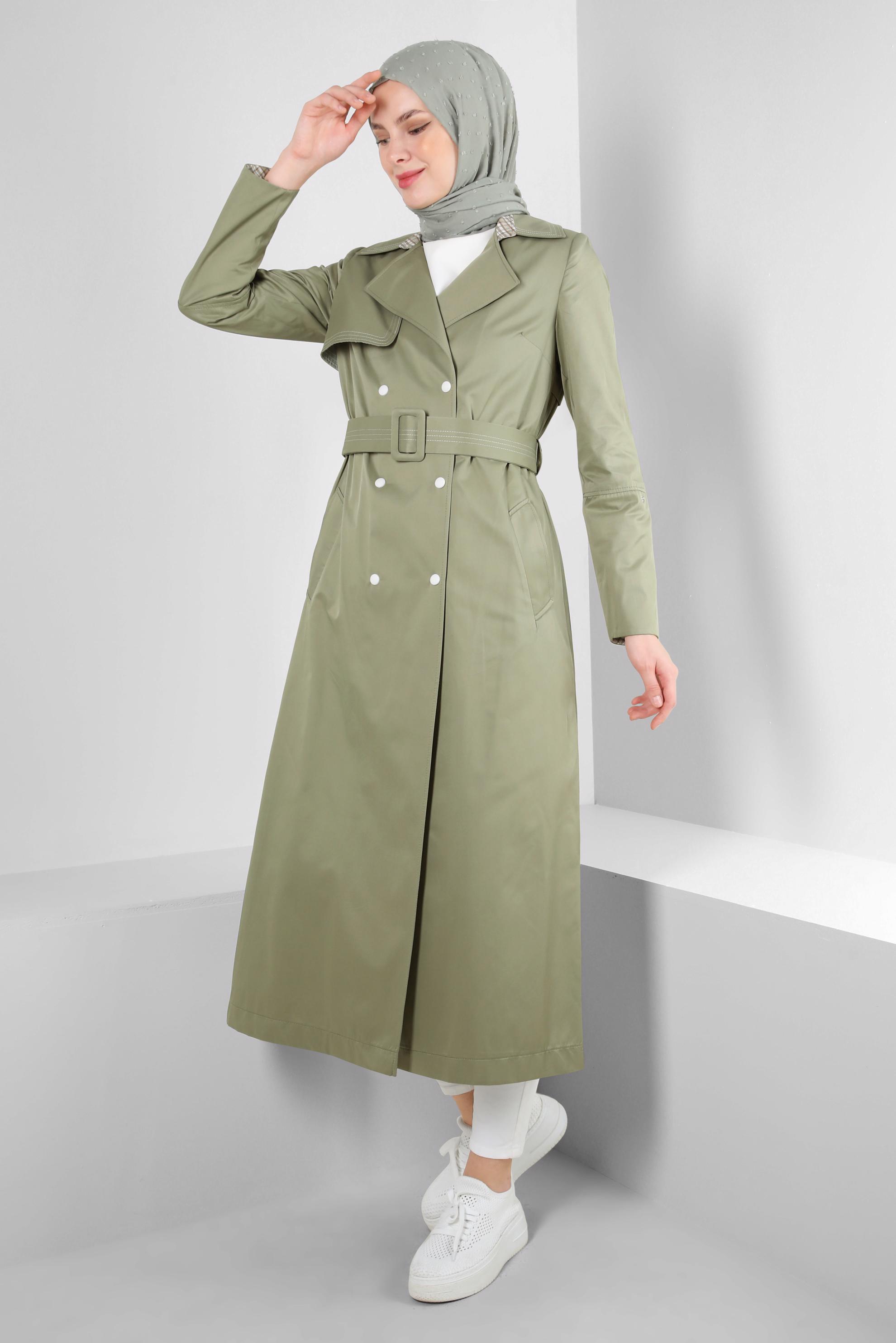 Tesettür giyim YEŞİL EKOSE DETAYLI KEMERLİ ÇITÇITLI TRENÇKOT 10743