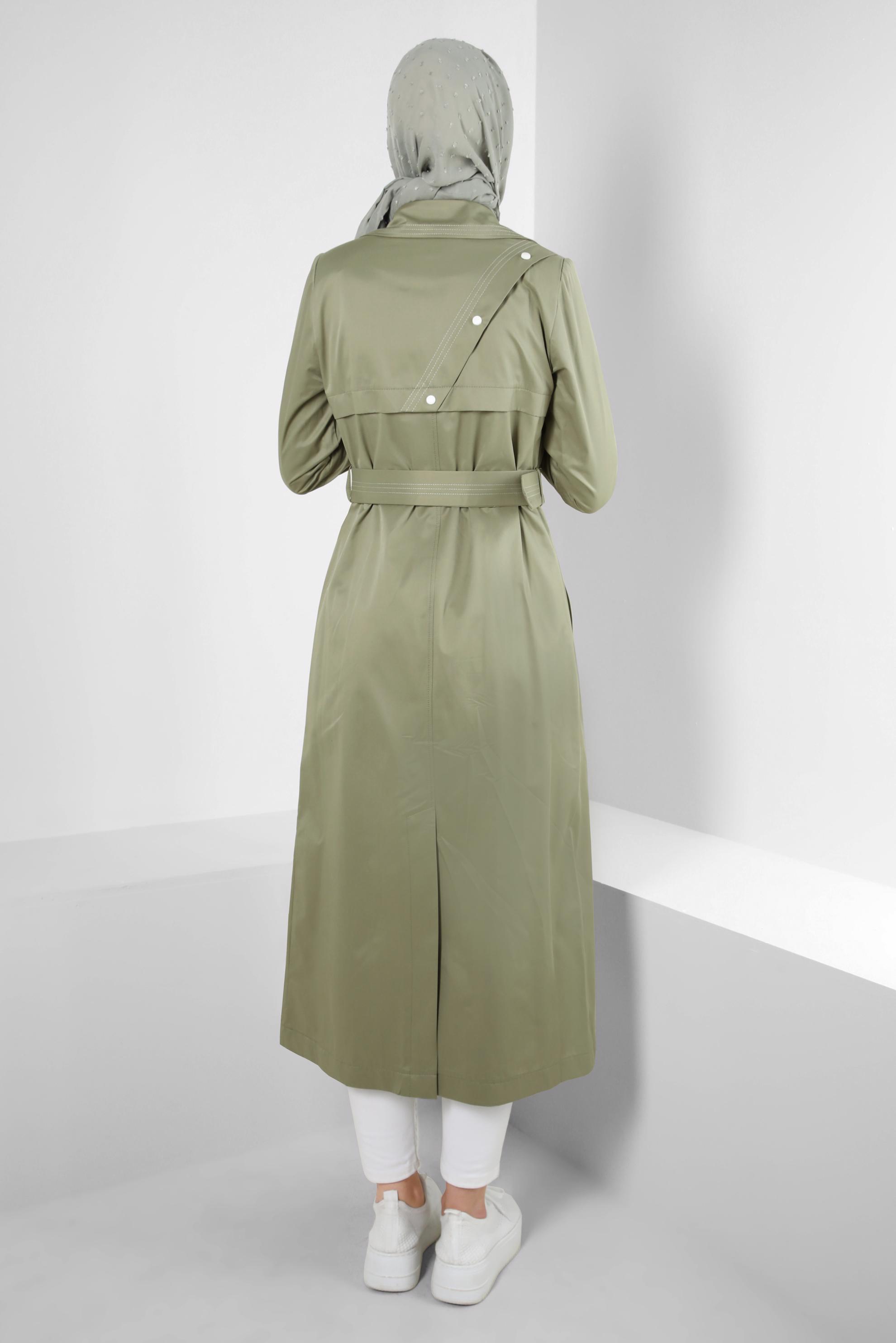 Tesettür giyim YEŞİL EKOSE DETAYLI KEMERLİ ÇITÇITLI TRENÇKOT 10743