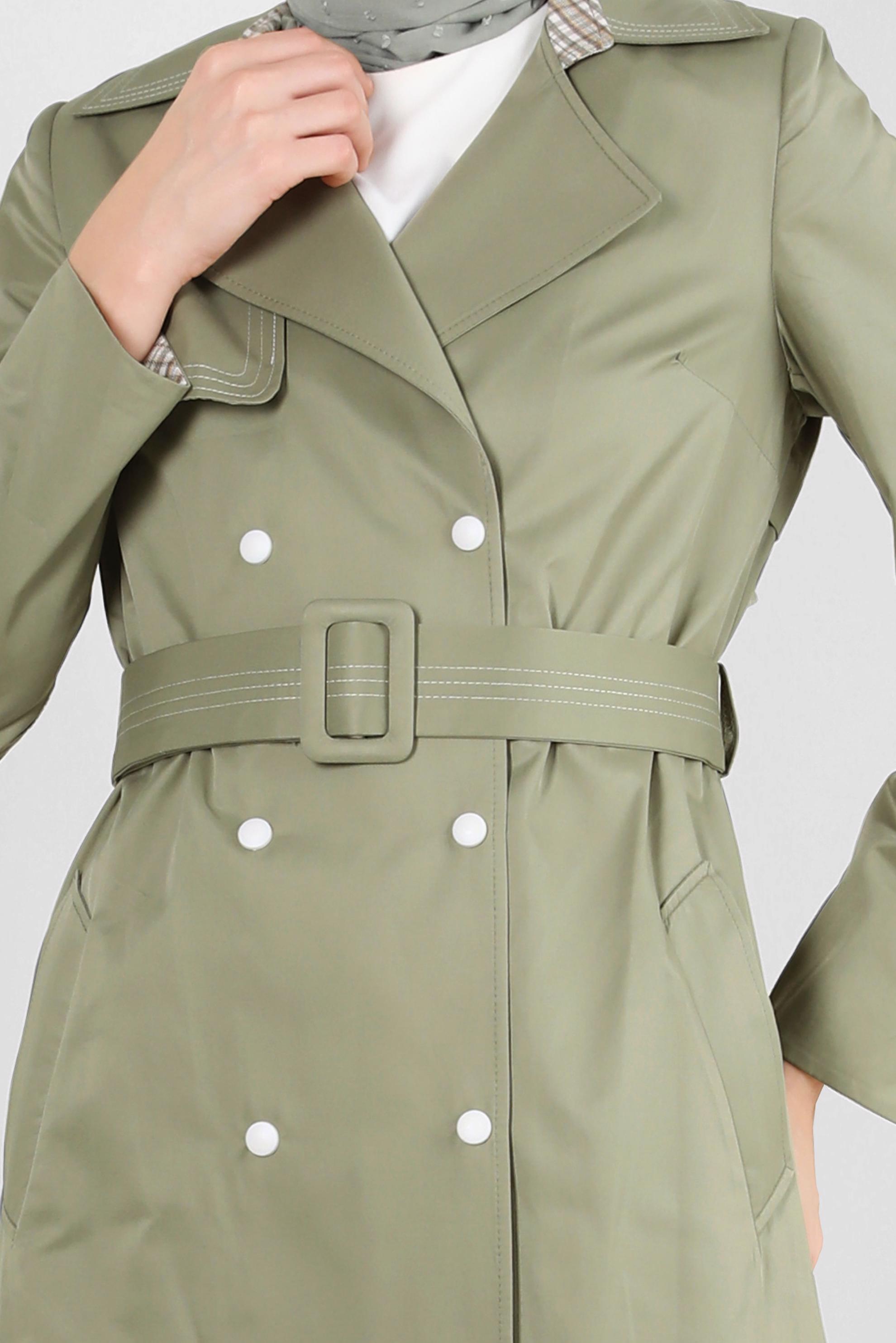 Tesettür giyim YEŞİL EKOSE DETAYLI KEMERLİ ÇITÇITLI TRENÇKOT 10743