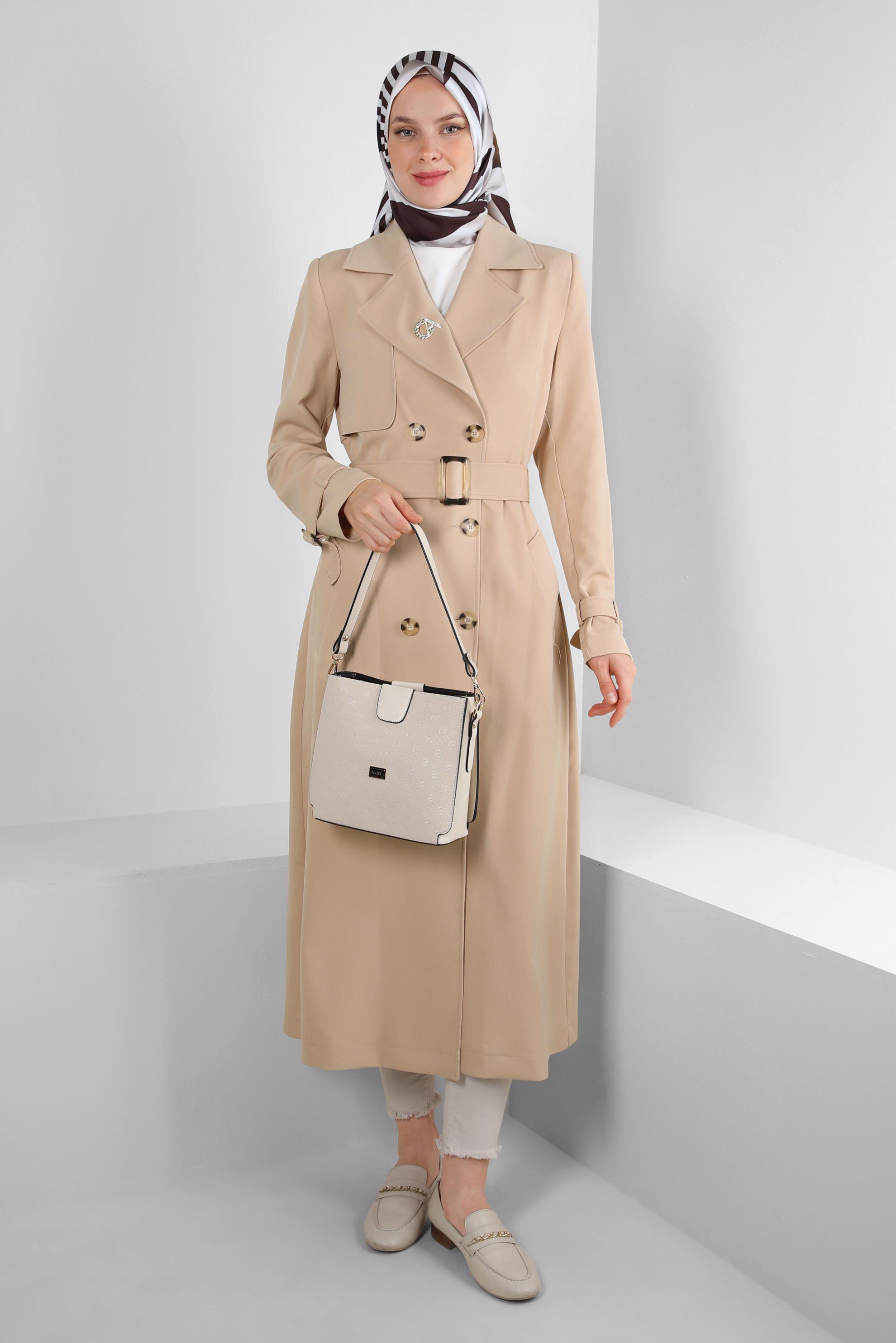 Tesettür giyim BEJ BANTLI KRUVAZE YAKA TRENÇKOT 10751