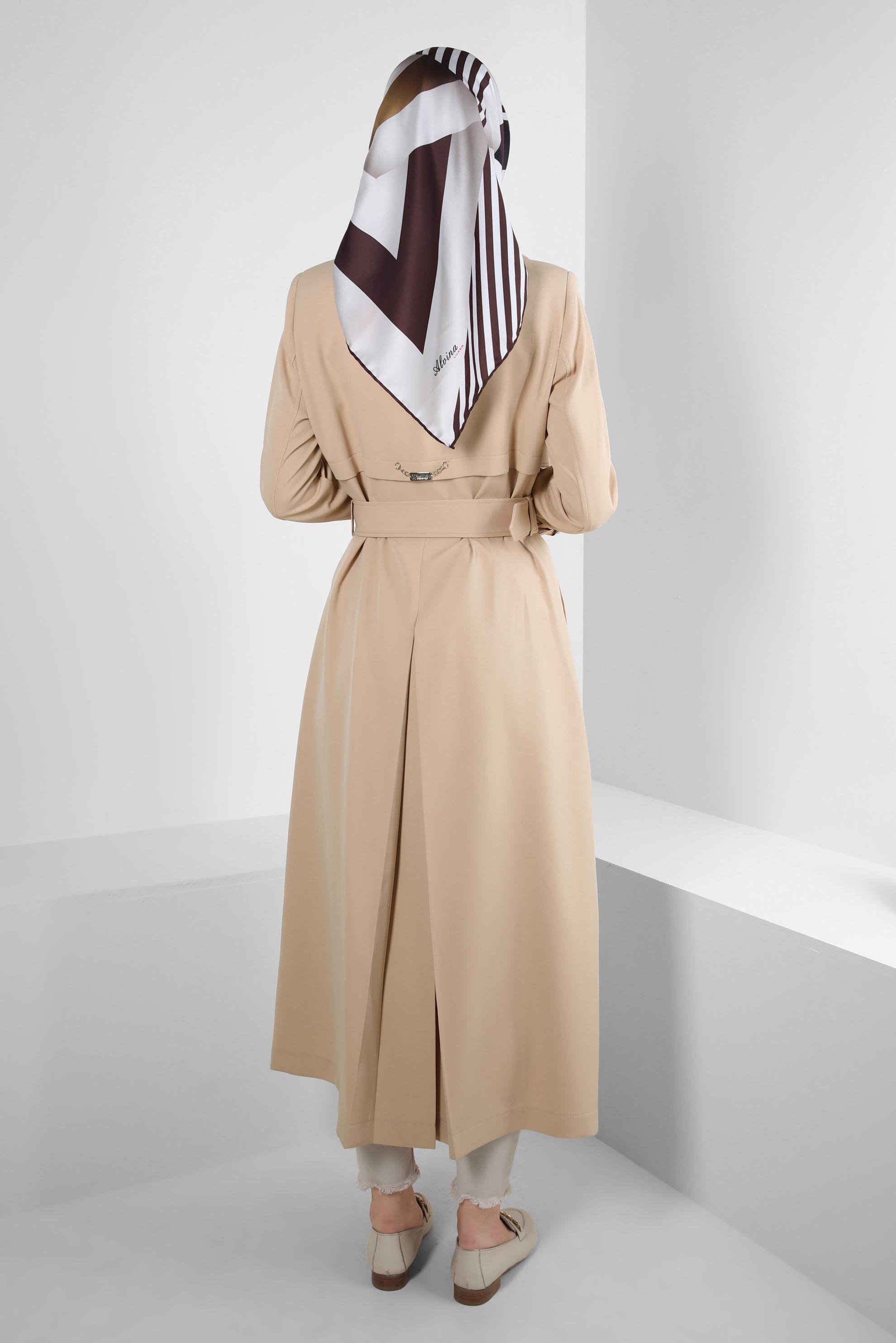 Tesettür giyim BEJ BANTLI KRUVAZE YAKA TRENÇKOT 10751