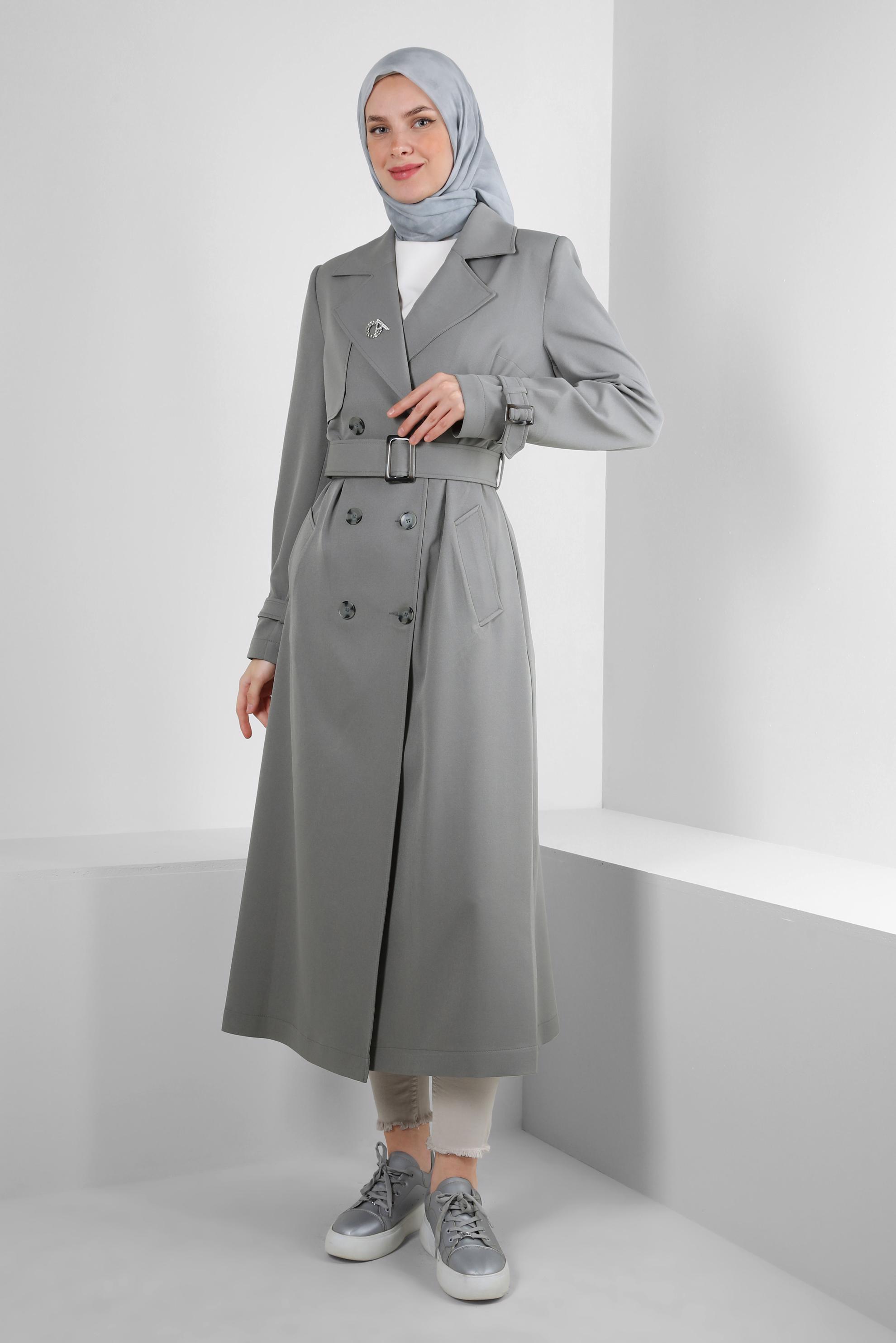 Tesettür giyim GRİ BANTLI KRUVAZE YAKA TRENÇKOT 10751