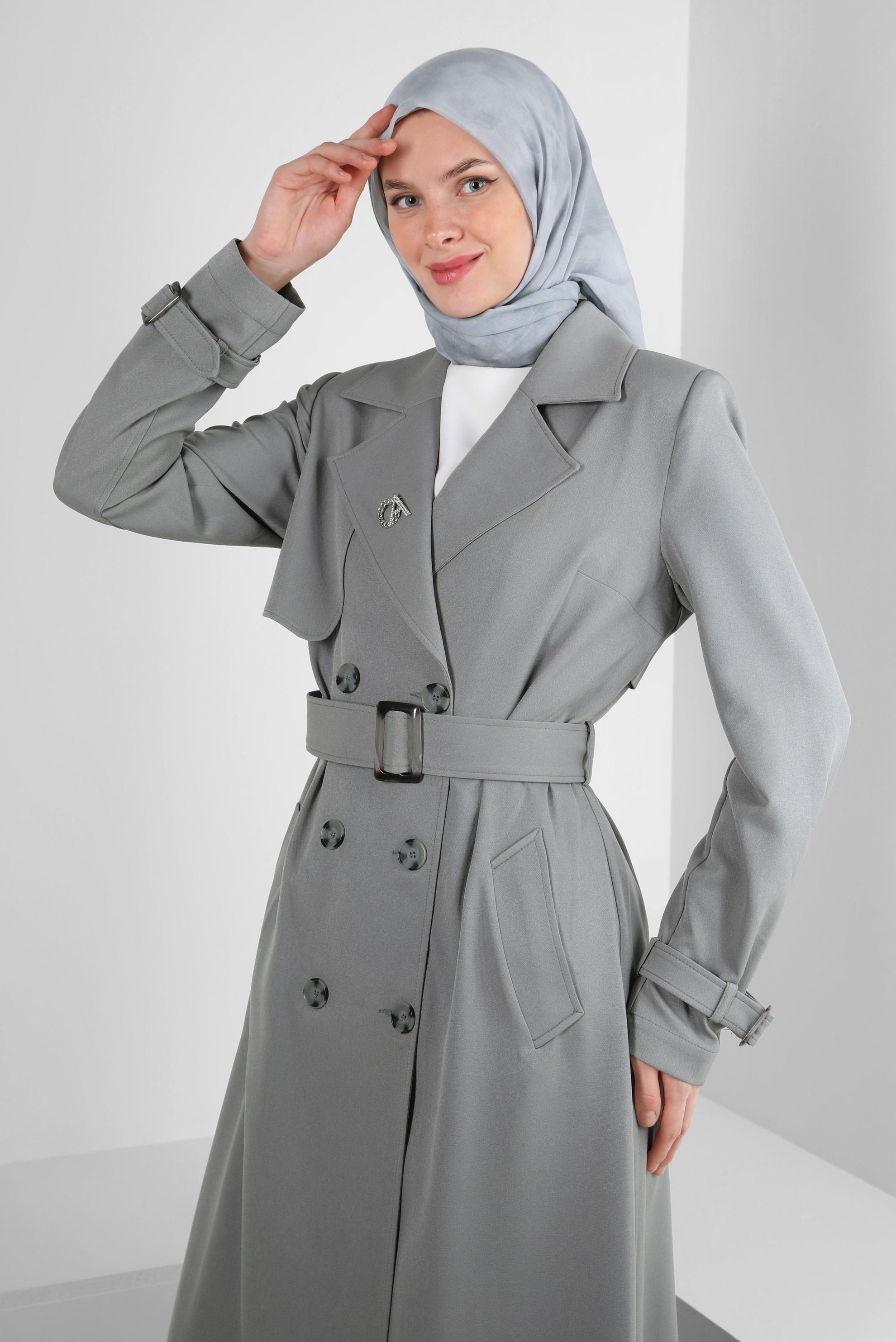 Tesettür giyim GRİ BANTLI KRUVAZE YAKA TRENÇKOT 10751