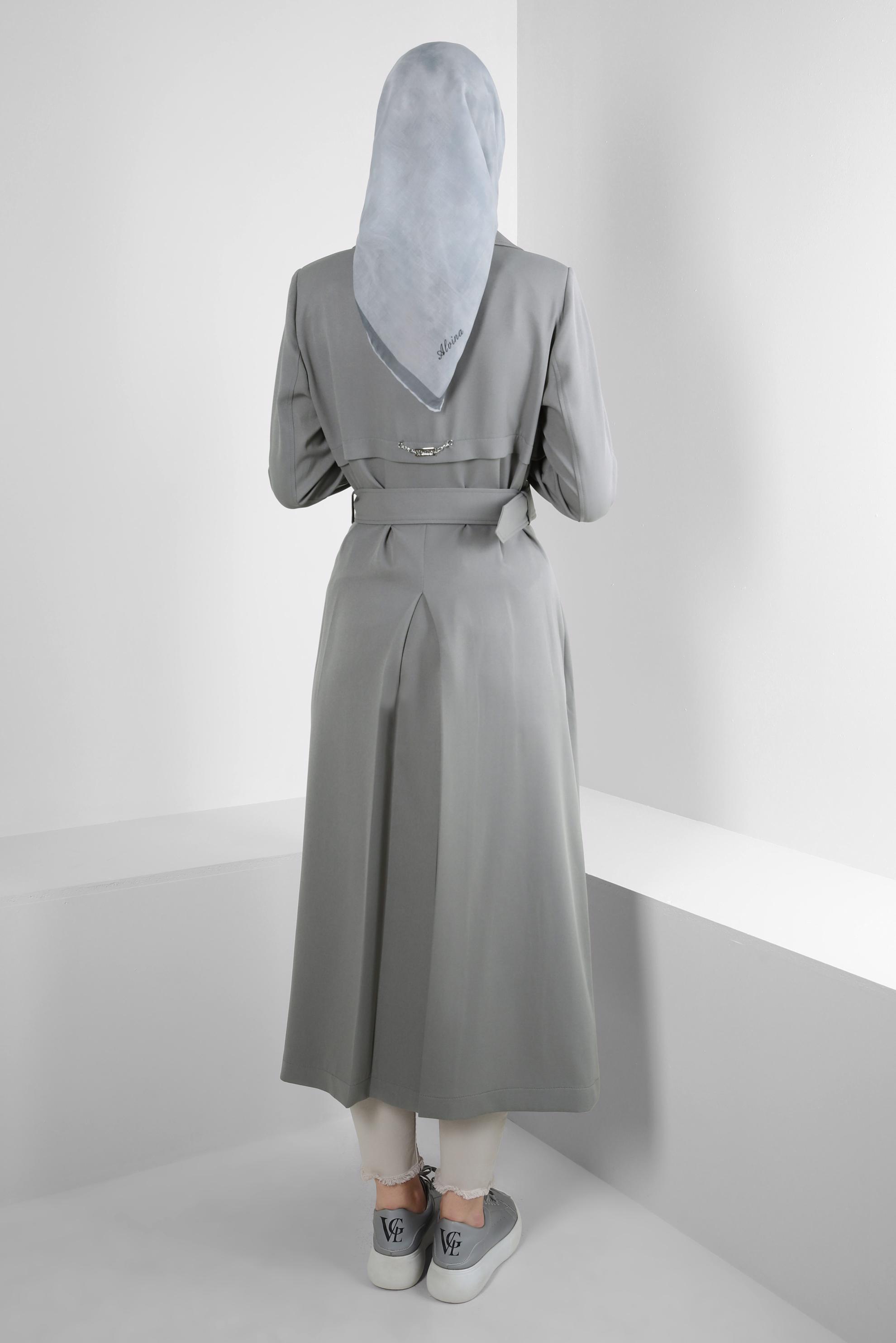 Tesettür giyim GRİ BANTLI KRUVAZE YAKA TRENÇKOT 10751