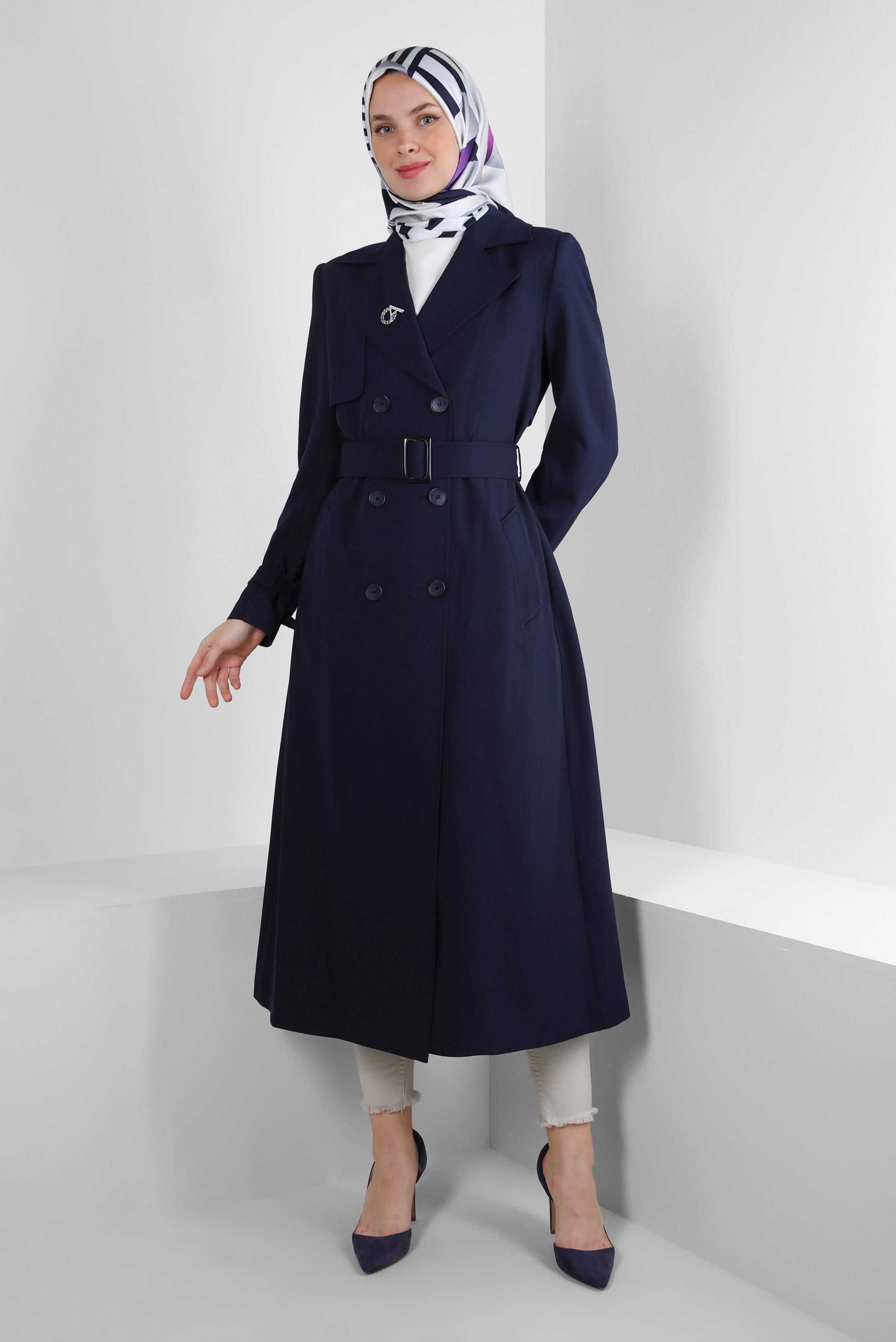 Tesettür giyim LACİVERT BANTLI KRUVAZE YAKA TRENÇKOT 10751