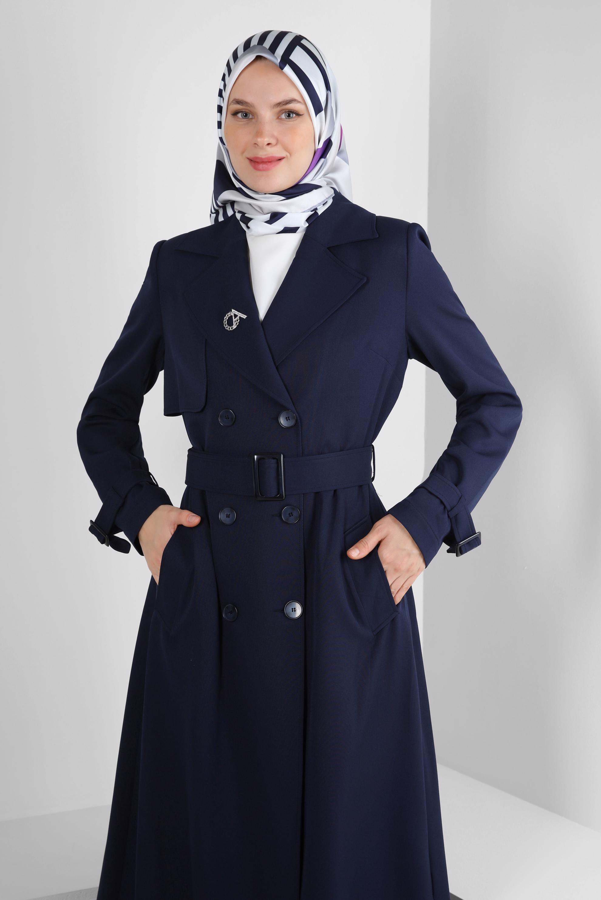 Tesettür giyim LACİVERT BANTLI KRUVAZE YAKA TRENÇKOT 10751