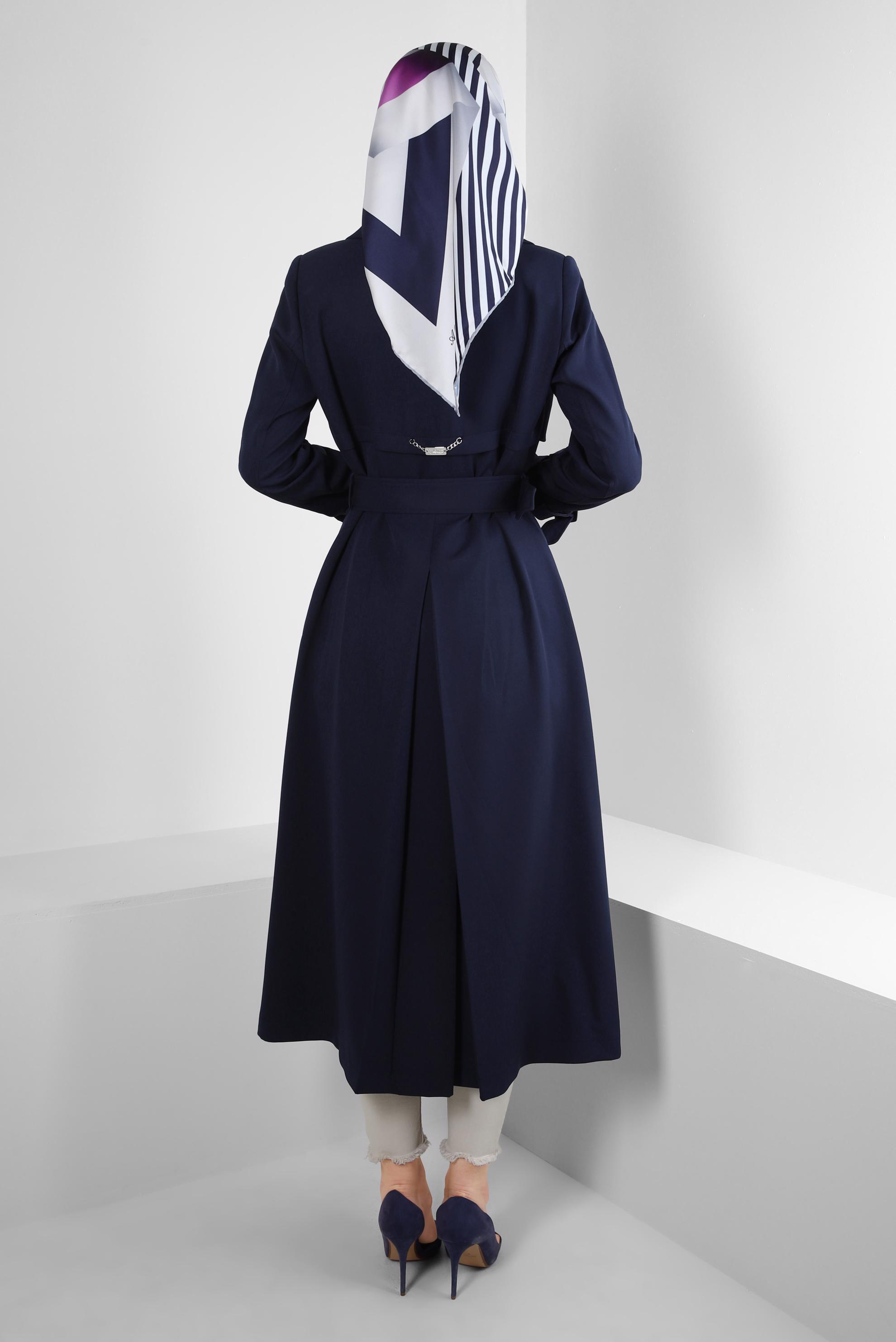 Tesettür giyim LACİVERT BANTLI KRUVAZE YAKA TRENÇKOT 10751