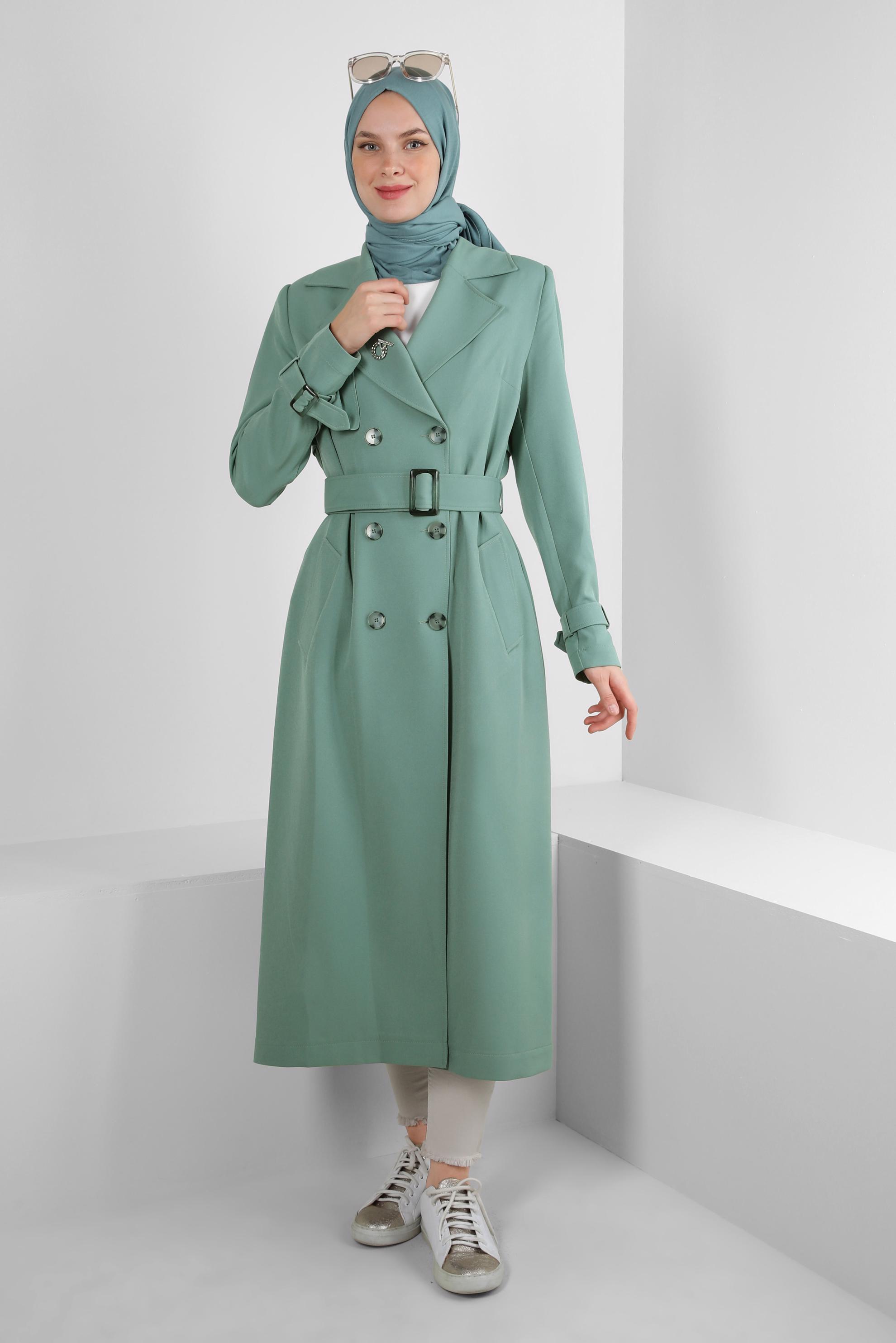 Tesettür giyim YEŞİL BANTLI KRUVAZE YAKA TRENÇKOT 10751