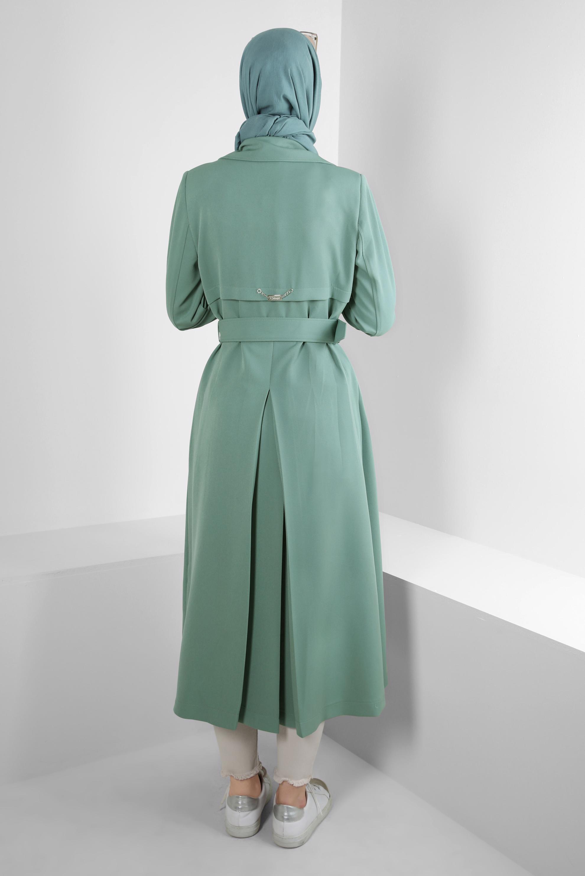 Tesettür giyim YEŞİL BANTLI KRUVAZE YAKA TRENÇKOT 10751