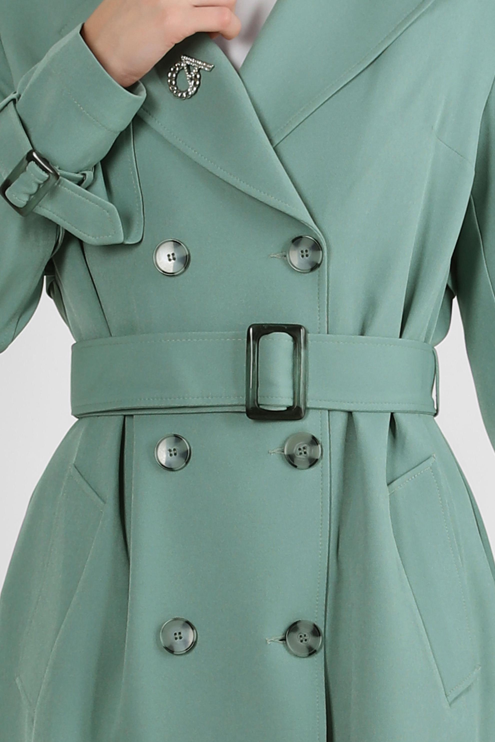 Tesettür giyim YEŞİL BANTLI KRUVAZE YAKA TRENÇKOT 10751