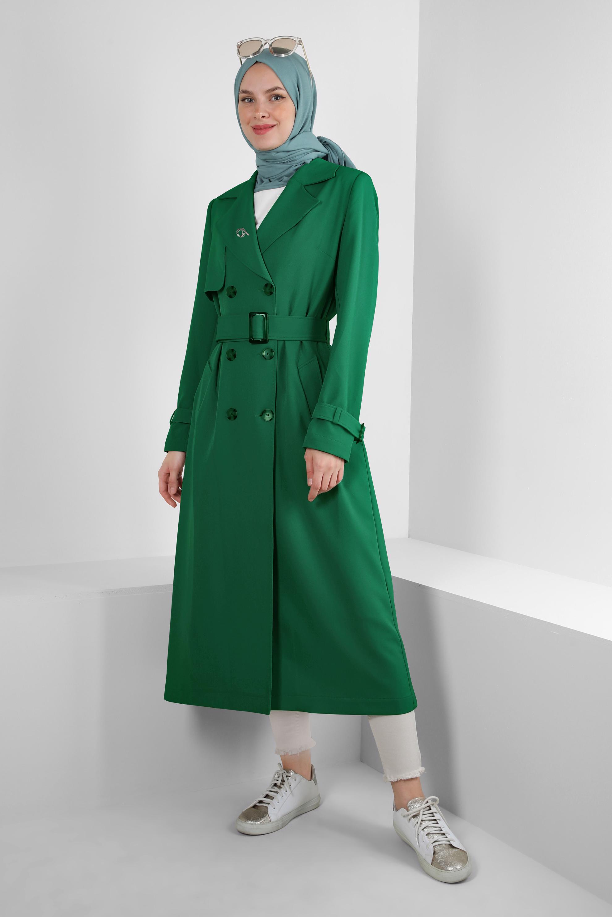 Tesettür giyim YEŞİL BANTLI KRUVAZE YAKA TRENÇKOT 10751
