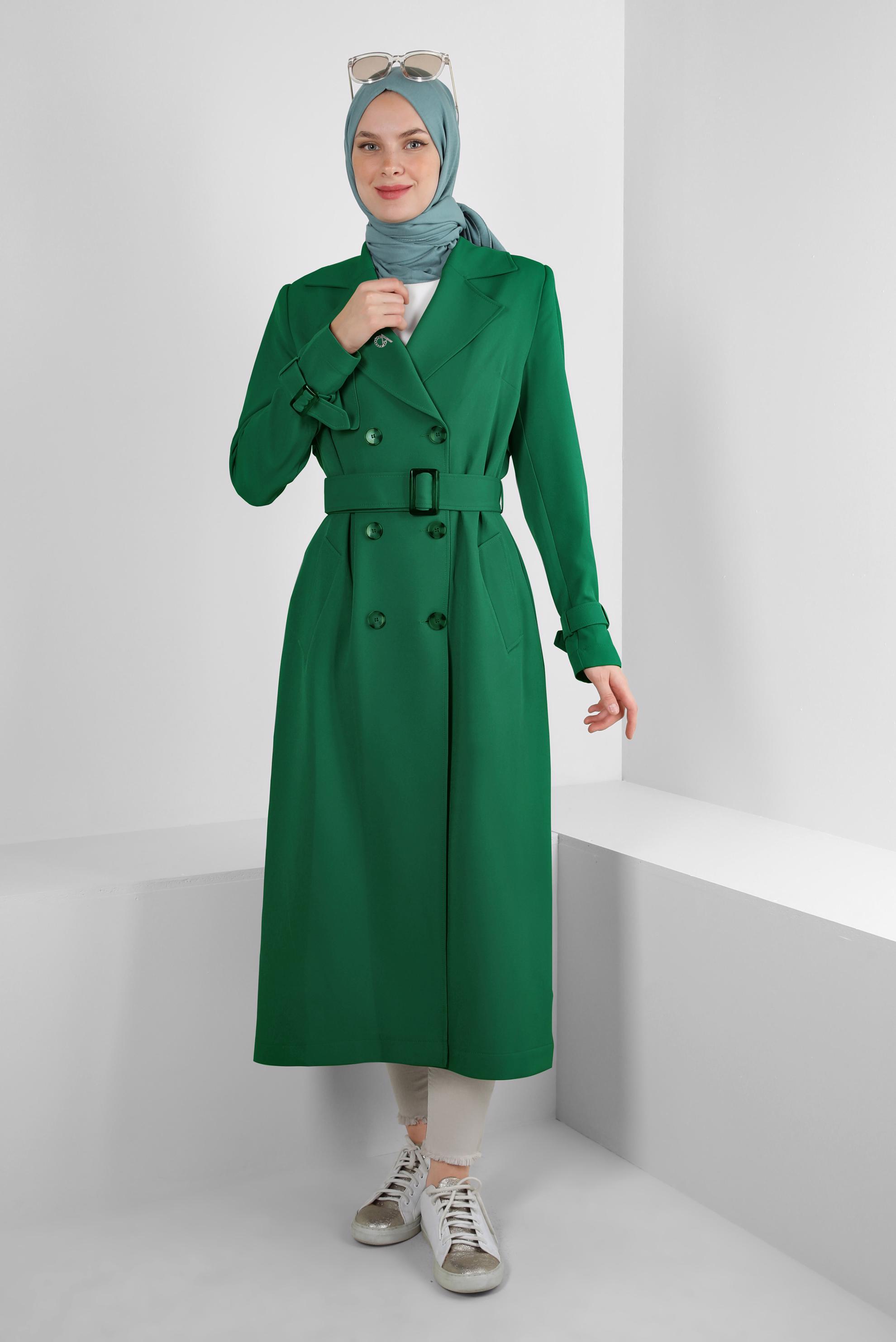 Tesettür giyim YEŞİL BANTLI KRUVAZE YAKA TRENÇKOT 10751
