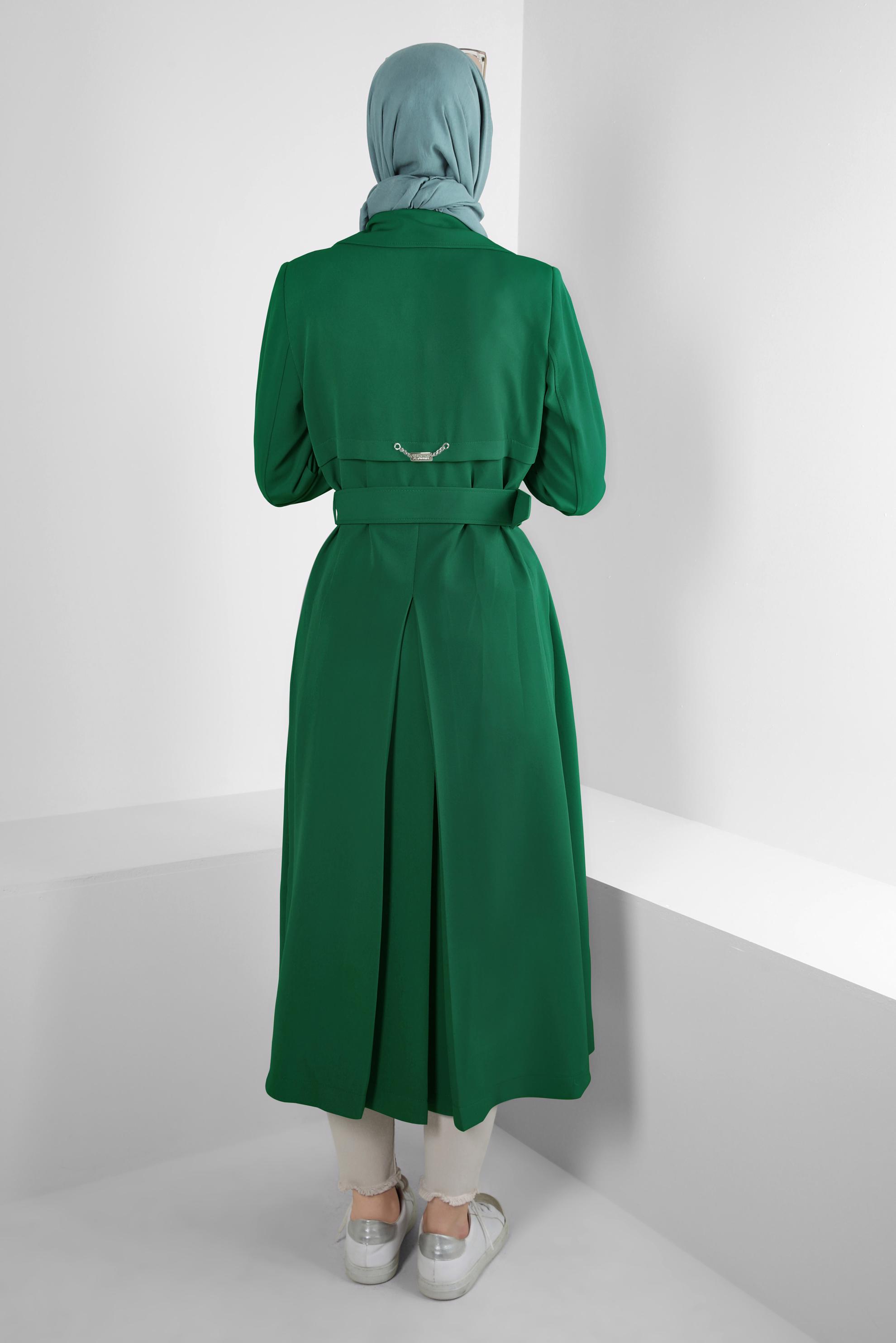 Tesettür giyim YEŞİL BANTLI KRUVAZE YAKA TRENÇKOT 10751