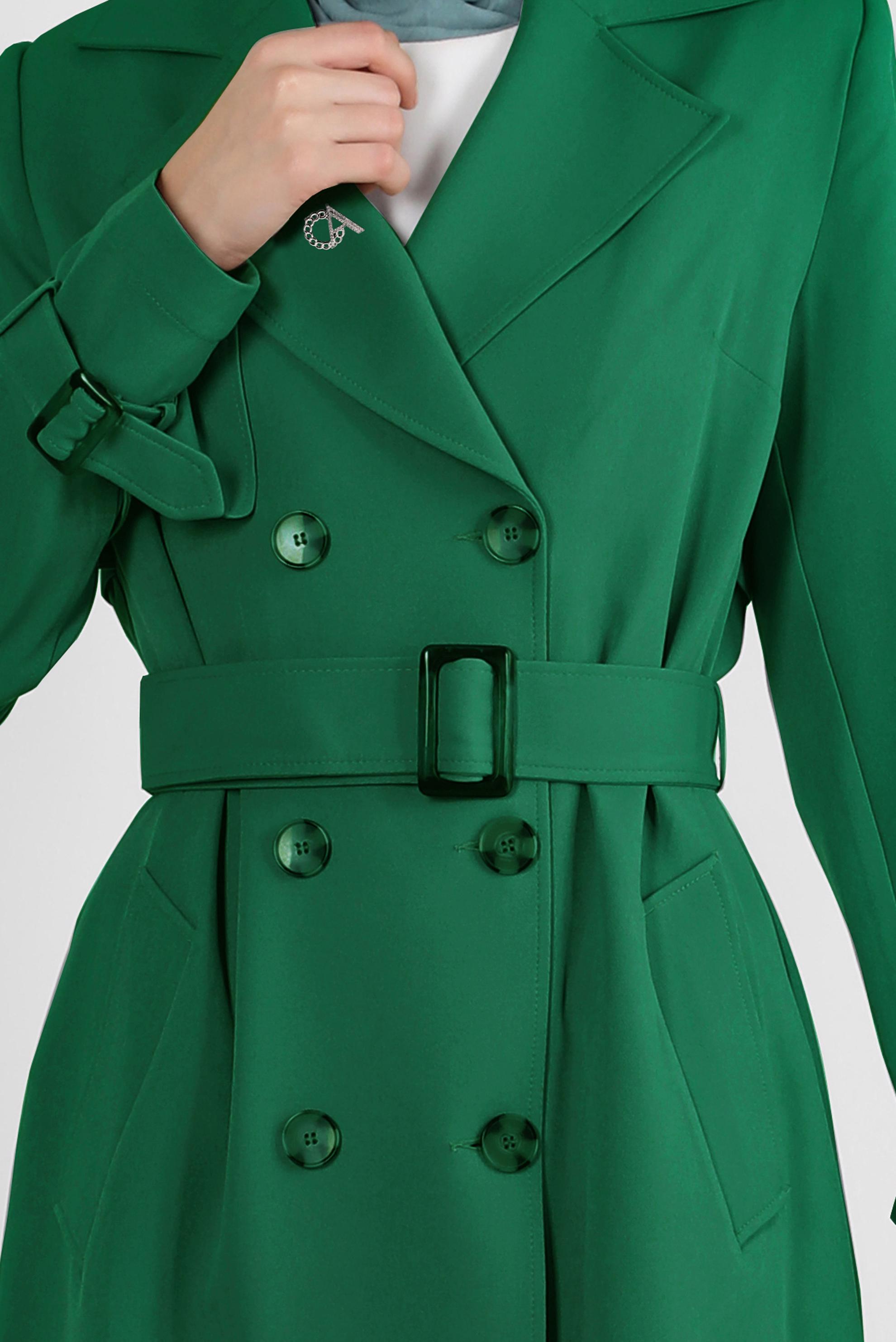 Tesettür giyim YEŞİL BANTLI KRUVAZE YAKA TRENÇKOT 10751