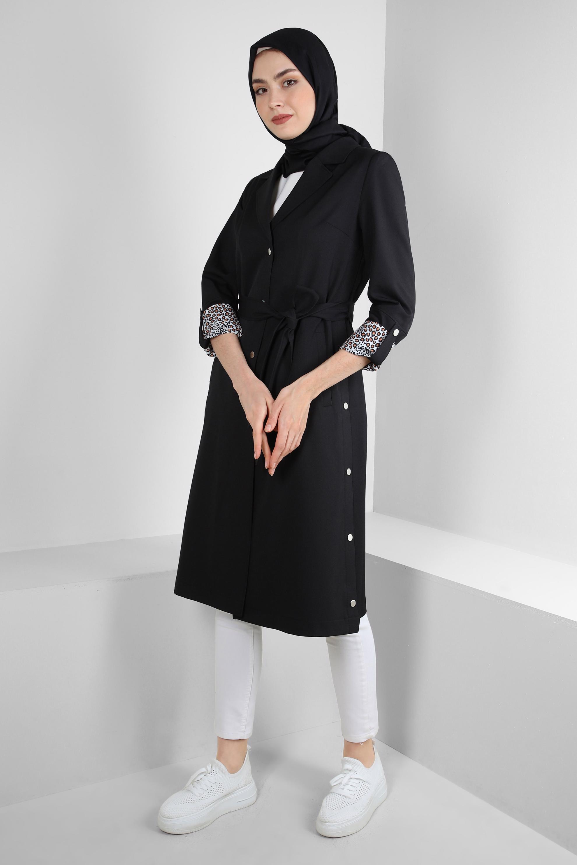 Tesettür giyim SİYAH LEOPAR MANŞET DETAYLI KUŞAKLI TRENÇKOT 10752