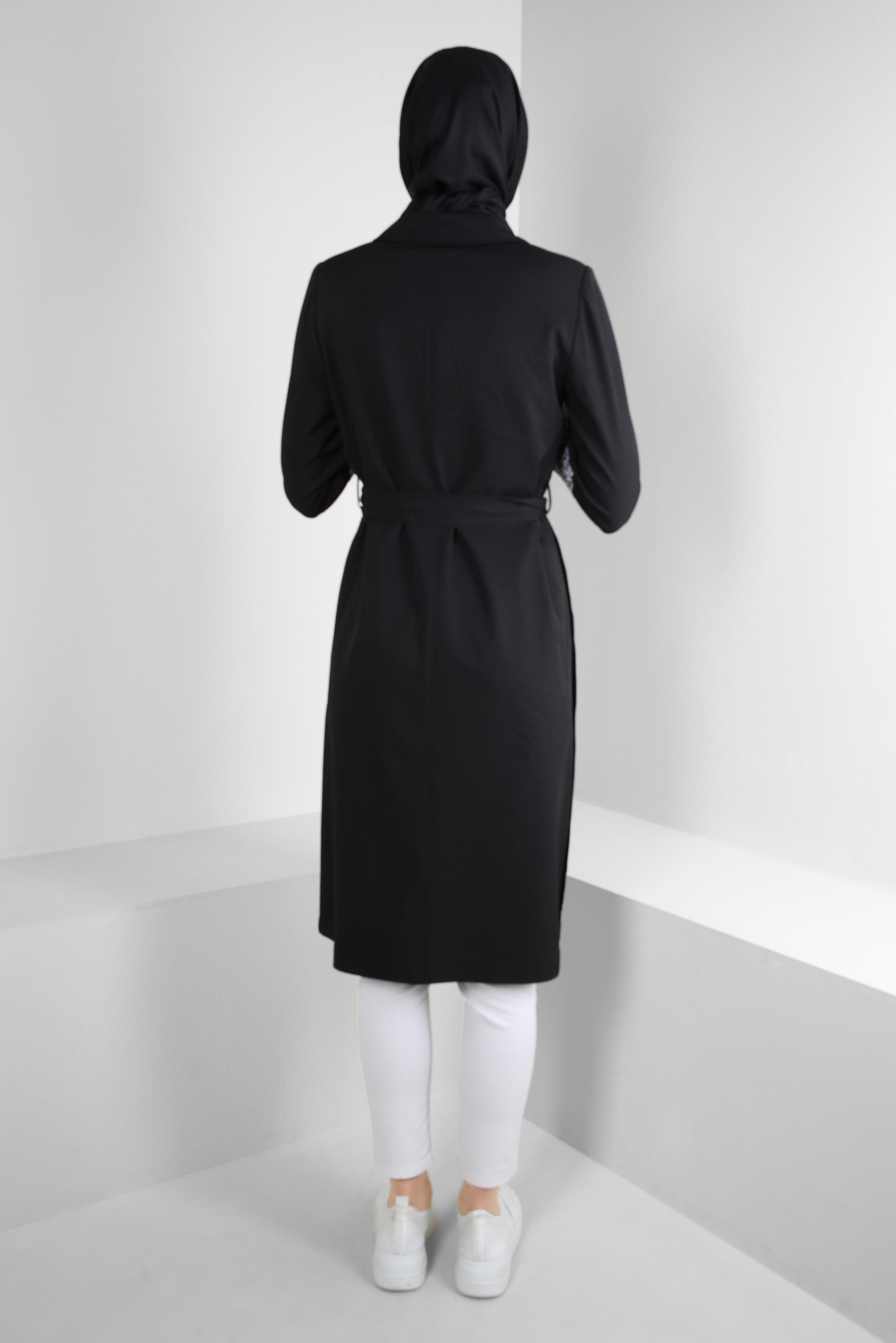 Tesettür giyim SİYAH LEOPAR MANŞET DETAYLI KUŞAKLI TRENÇKOT 10752