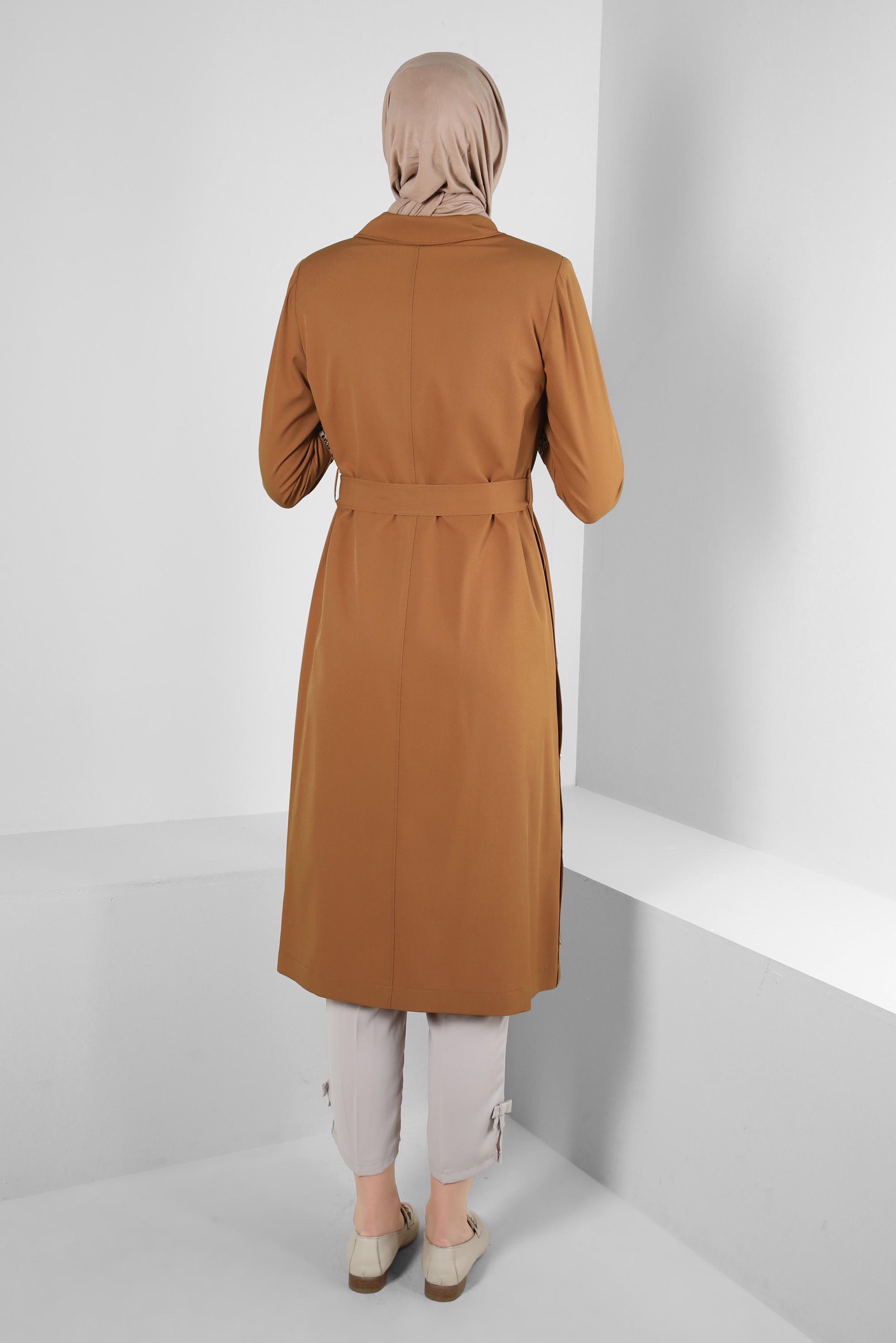 Tesettür giyim SARI LEOPAR MANŞET DETAYLI KUŞAKLI TRENÇKOT 10752