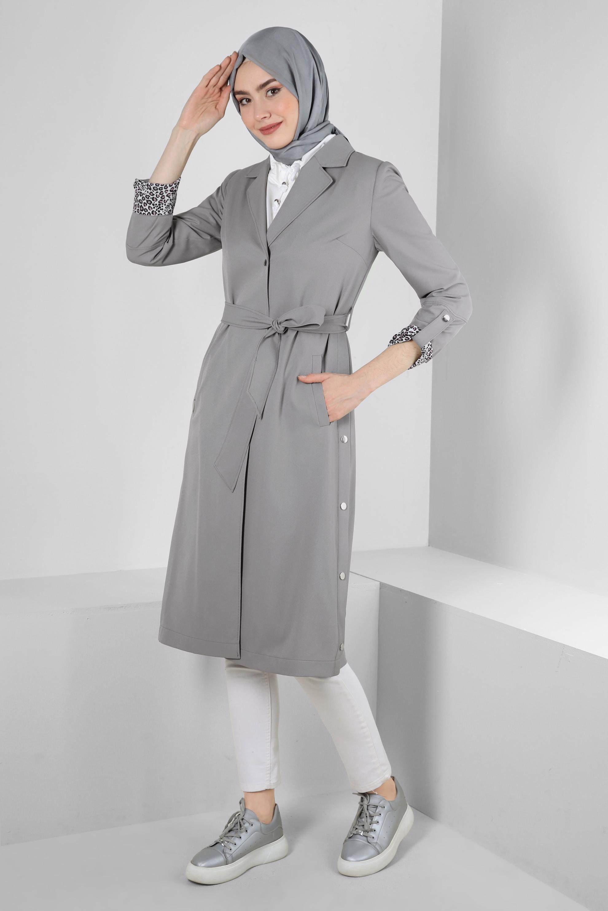 Tesettür giyim GRİ LEOPAR MANŞET DETAYLI KUŞAKLI TRENÇKOT 10752
