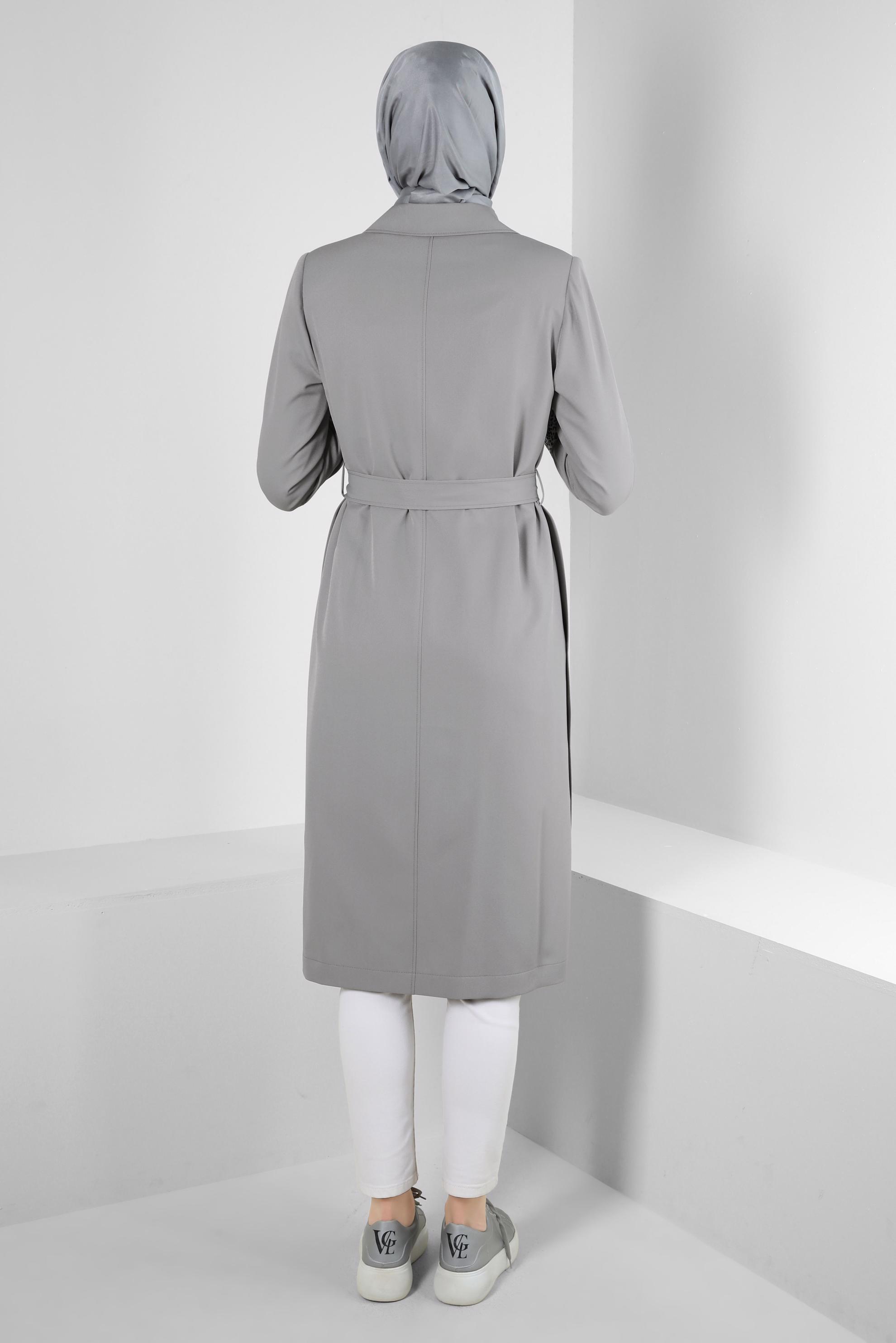 Tesettür giyim GRİ LEOPAR MANŞET DETAYLI KUŞAKLI TRENÇKOT 10752