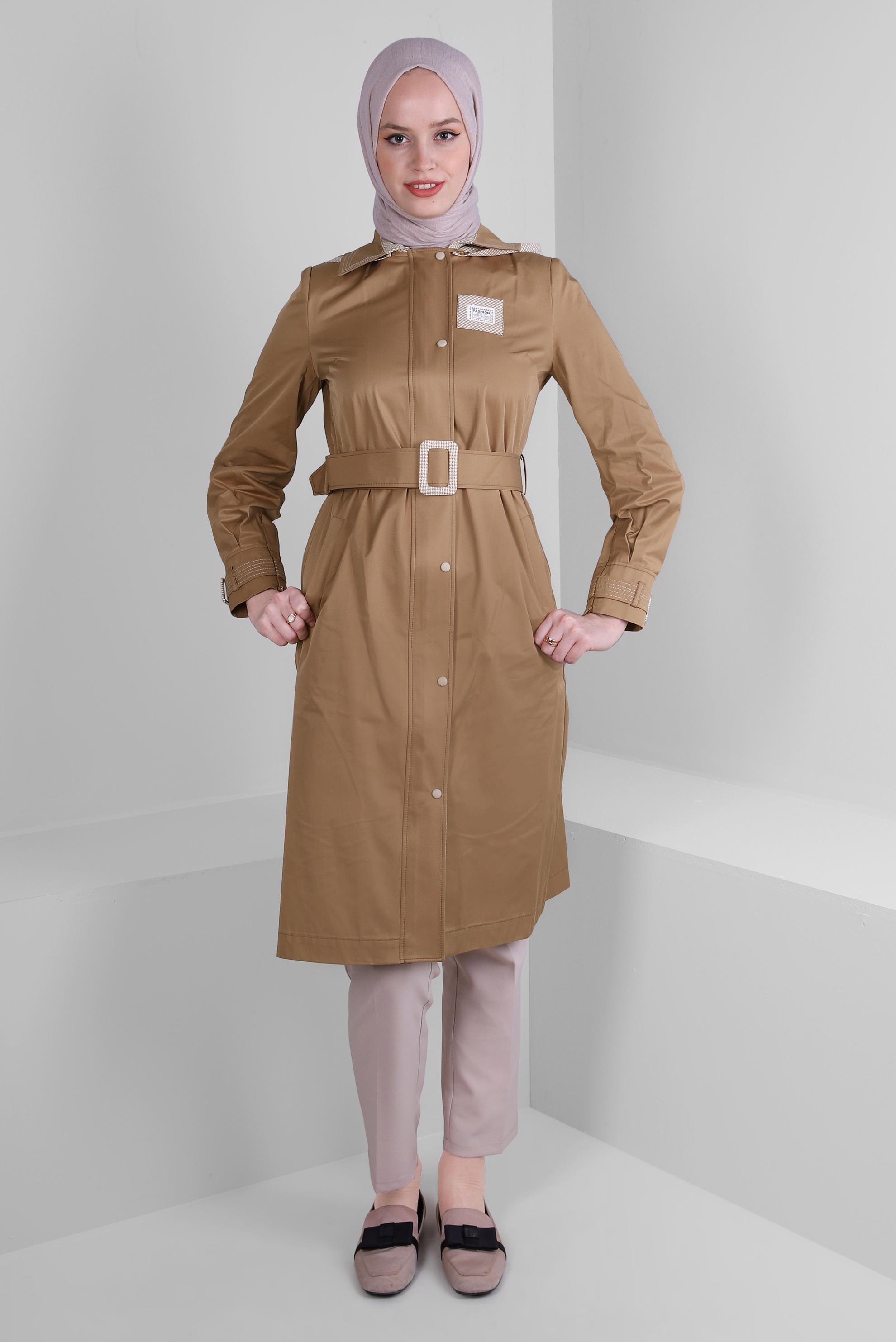 Tesettür giyim KAHVE KAZAYAĞI DESEN DETAYLI KEMERLİ TRENÇKOT 10753