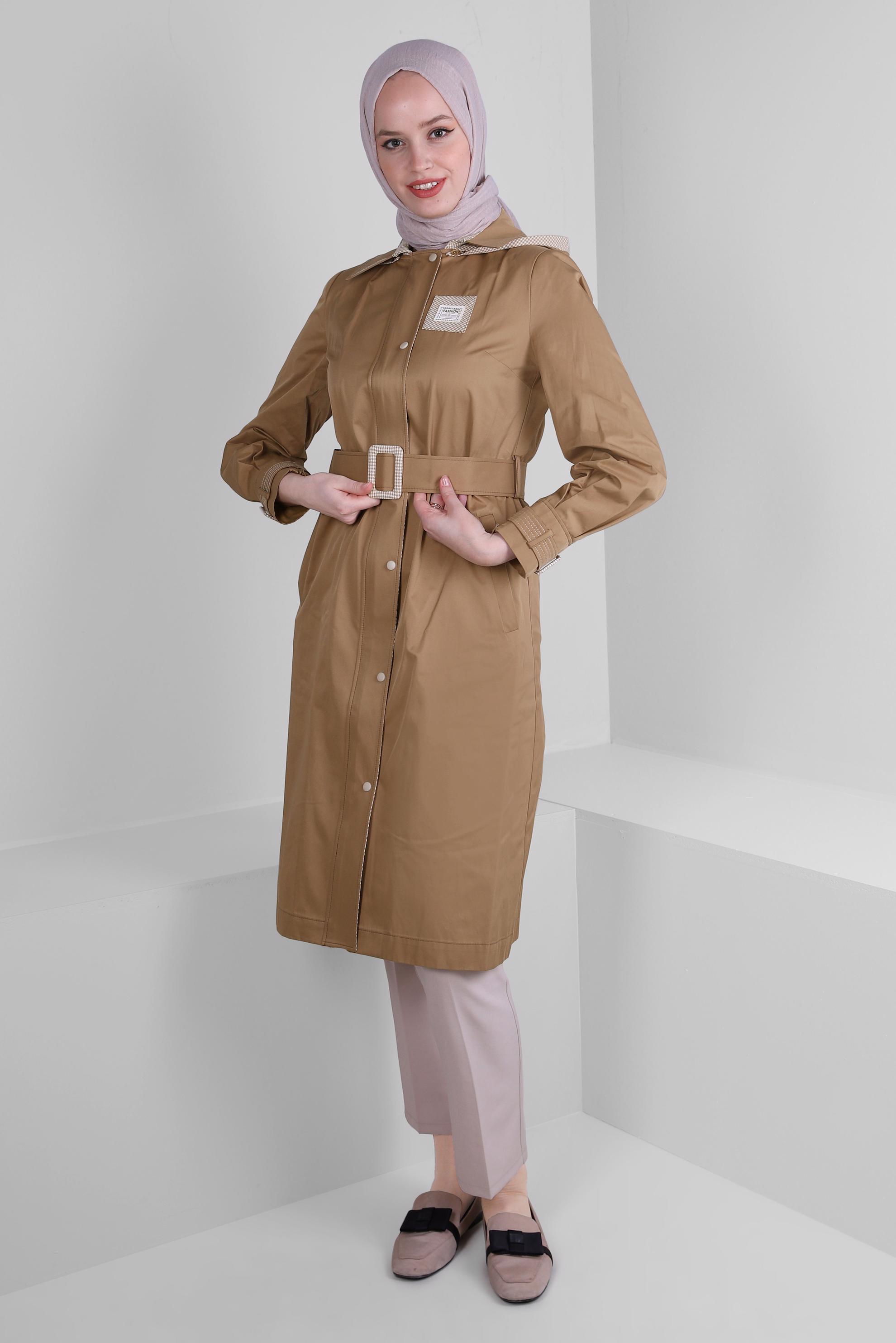Tesettür giyim KAHVE KAZAYAĞI DESEN DETAYLI KEMERLİ TRENÇKOT 10753
