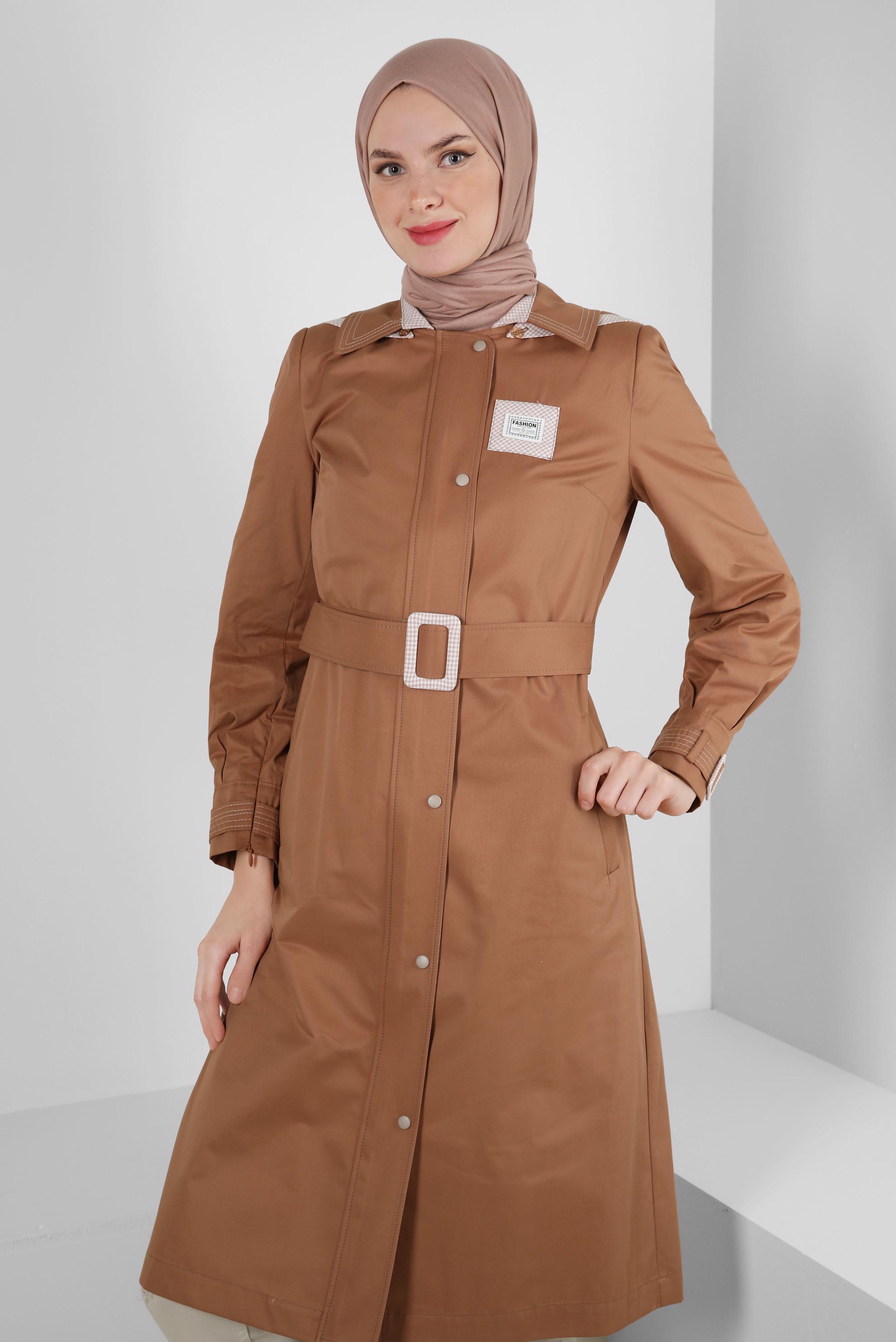 Vêtements hijab TABA TRENCH-COAT PIED-DE-POULE AVEC CEINTURE 10753