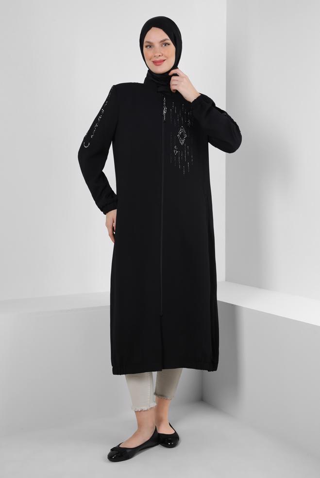 Tesettür giyim SİYAH TAŞ İŞLEMELİ CEPLİ FERMUARLI TRENÇKOT 10756 - ALVİNA