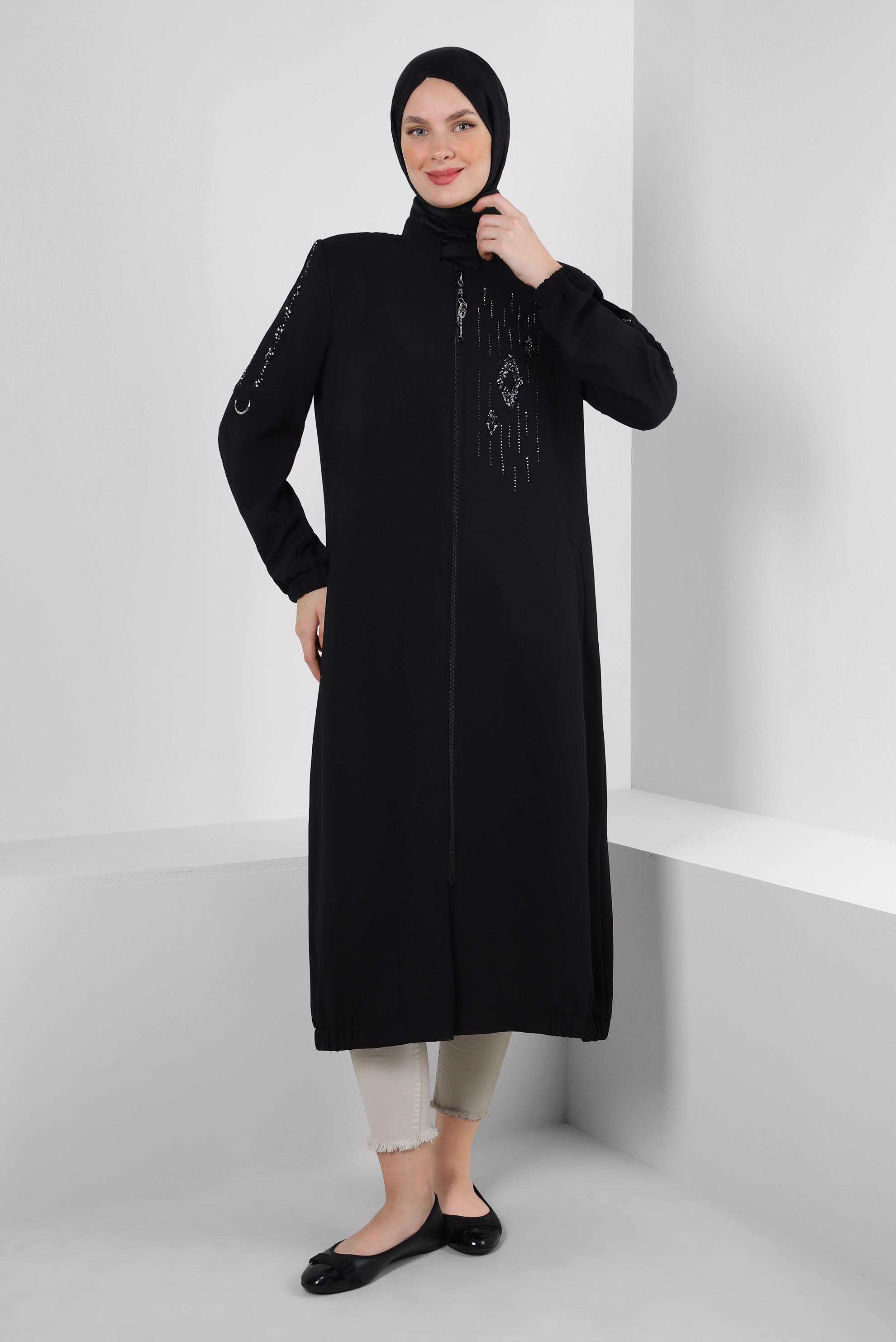 Tesettür giyim SİYAH TAŞ İŞLEMELİ CEPLİ FERMUARLI TRENÇKOT 10756