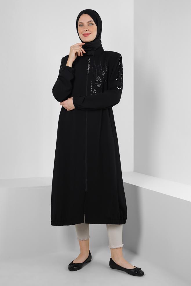 Tesettür giyim SİYAH TAŞ İŞLEMELİ CEPLİ FERMUARLI TRENÇKOT 10756 - ALVİNA