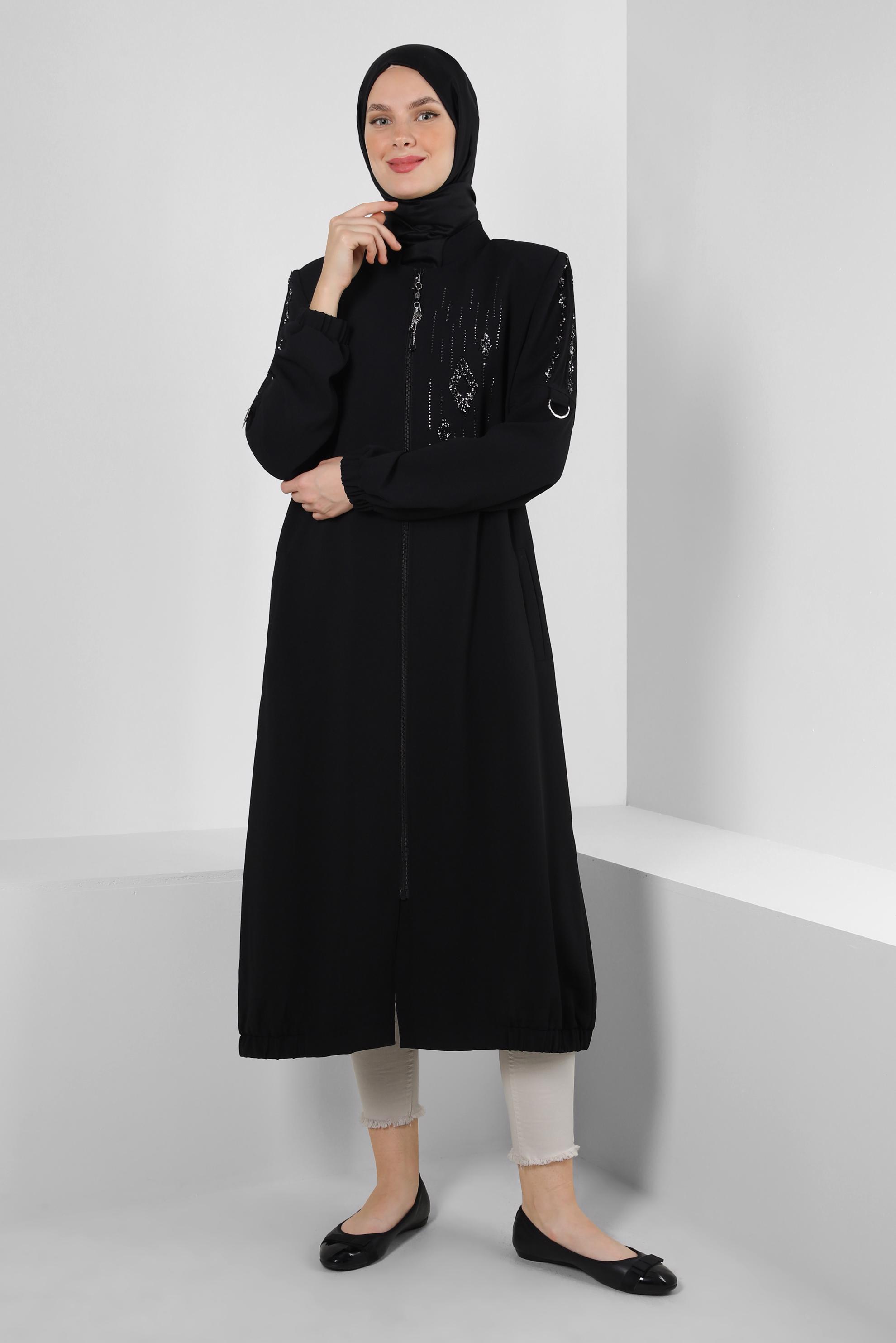 Tesettür giyim SİYAH TAŞ İŞLEMELİ CEPLİ FERMUARLI TRENÇKOT 10756