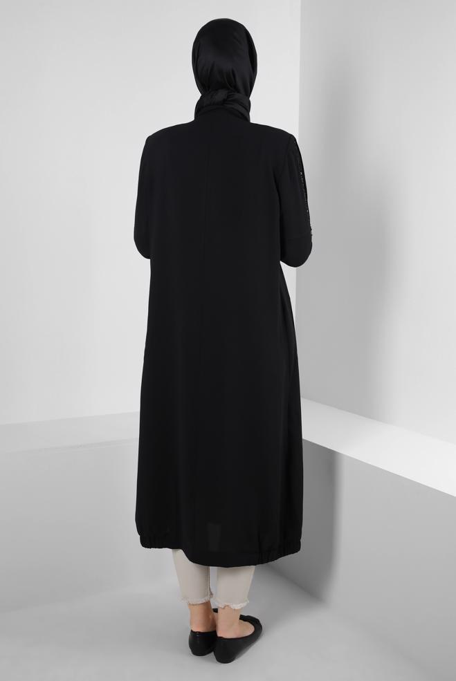 Tesettür giyim SİYAH TAŞ İŞLEMELİ CEPLİ FERMUARLI TRENÇKOT 10756 - ALVİNA