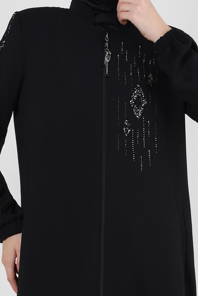 Tesettür giyim SİYAH TAŞ İŞLEMELİ CEPLİ FERMUARLI TRENÇKOT 10756 - ALVİNA